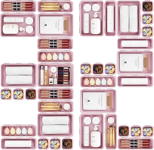 A-LuGei - Juego de bandeja organizadora de cajones de escritorio de plástico lila, organizador de maquillaje y contenedor de almacenamiento para