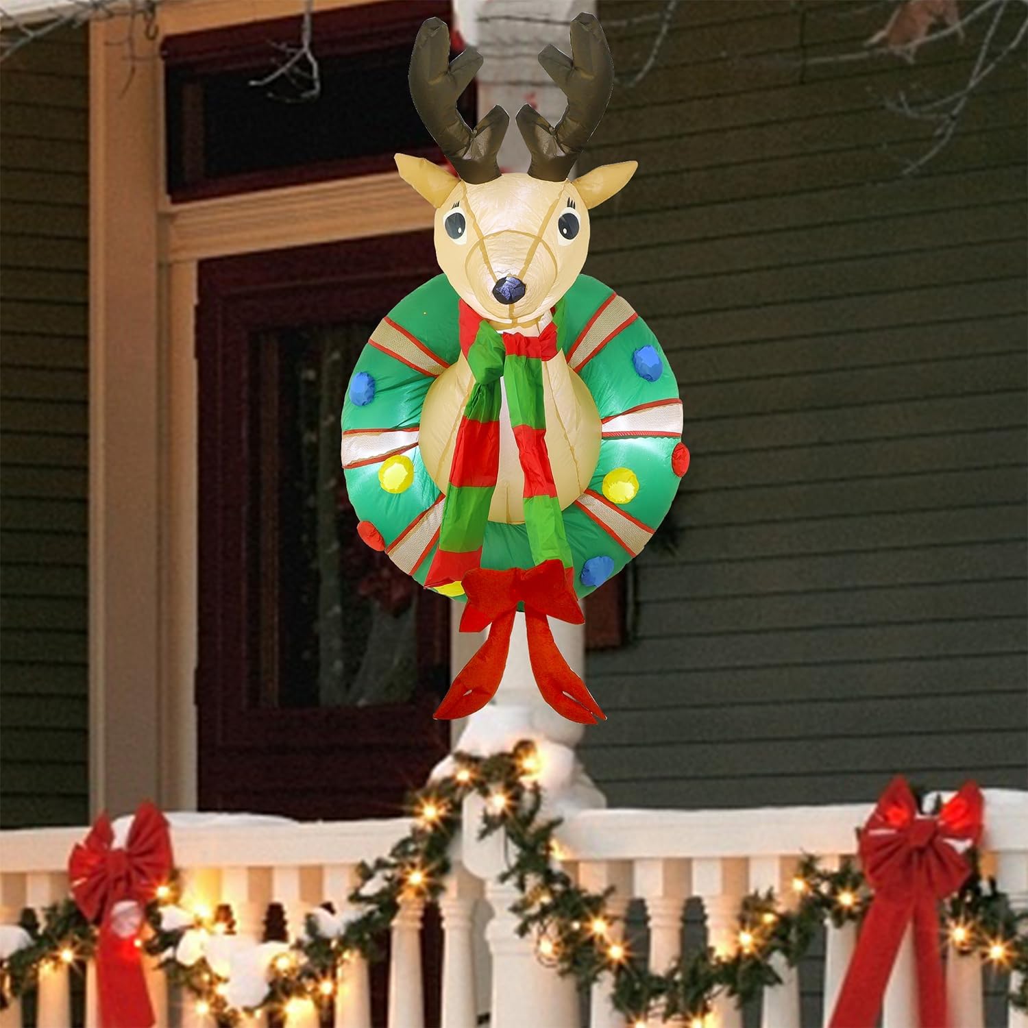 Juegoal 4 FT Christmas Inflatable Rudolph Wreath, Lighted Blow Up Reindeer with Built in LED Lights, Indoor/Outdoor Xmas Holiday Decor, Light Up Front Door Window Lawn Yard Garden Decorations