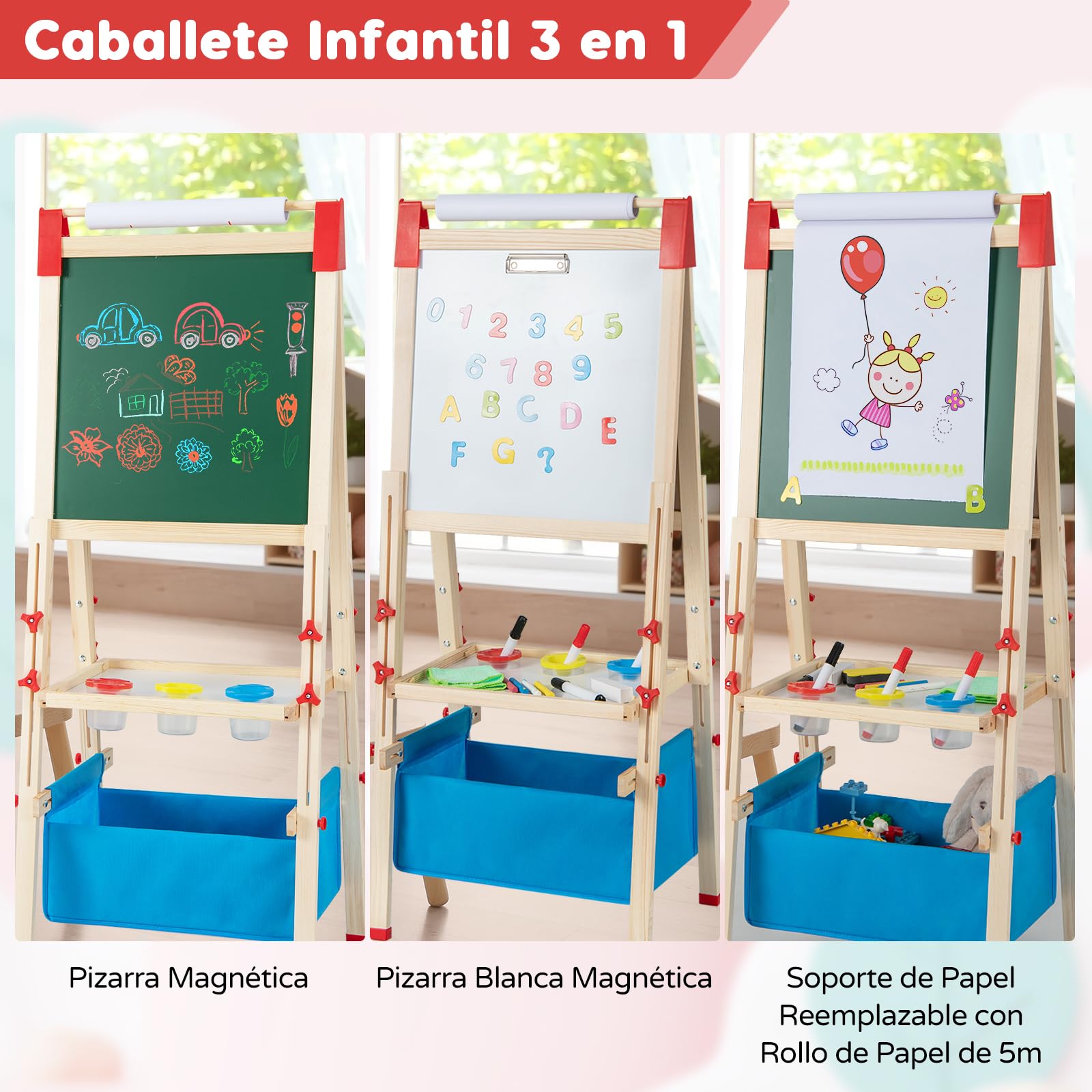 RELAX4LIFE 3 en 1 Caballete Pintura Infantil con Pizarra Magnética, Pizarra Blanca, Rollo de Papel y 56 Accesorios de Pintura, Pizarra Infantil Caballete con Altura Ajustable para Niños 3-8 Años