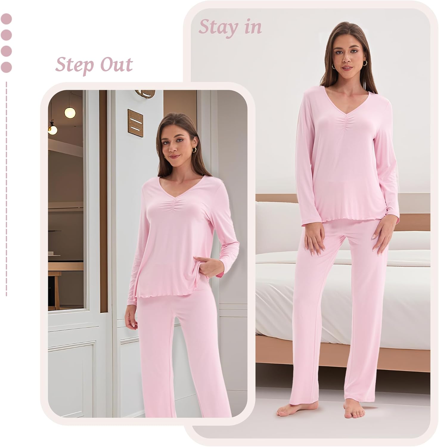 Women's Soft Knit Pajamas Set V-Neck Top and Pants Long Sleeve Two Piece Loungewear Elegant Wavy Hem Sleepwear - Image 6