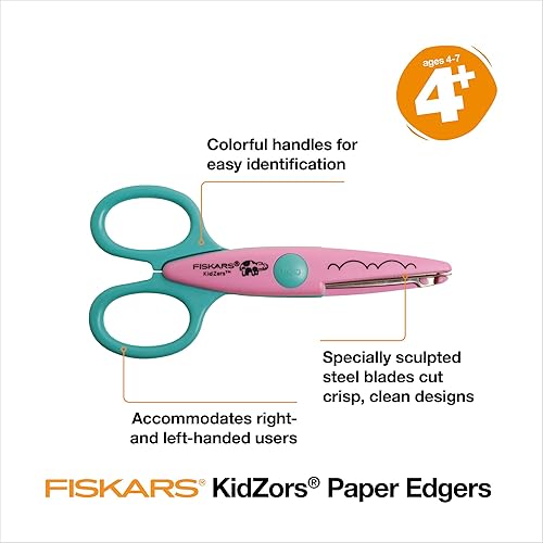 Miniatura 2 de Fiskars Tijeras artesanales para niños, borde decorativo con patrón de animales de zoológico, diseño en zigzag, edades de 4 a 7 años, paquete de 3