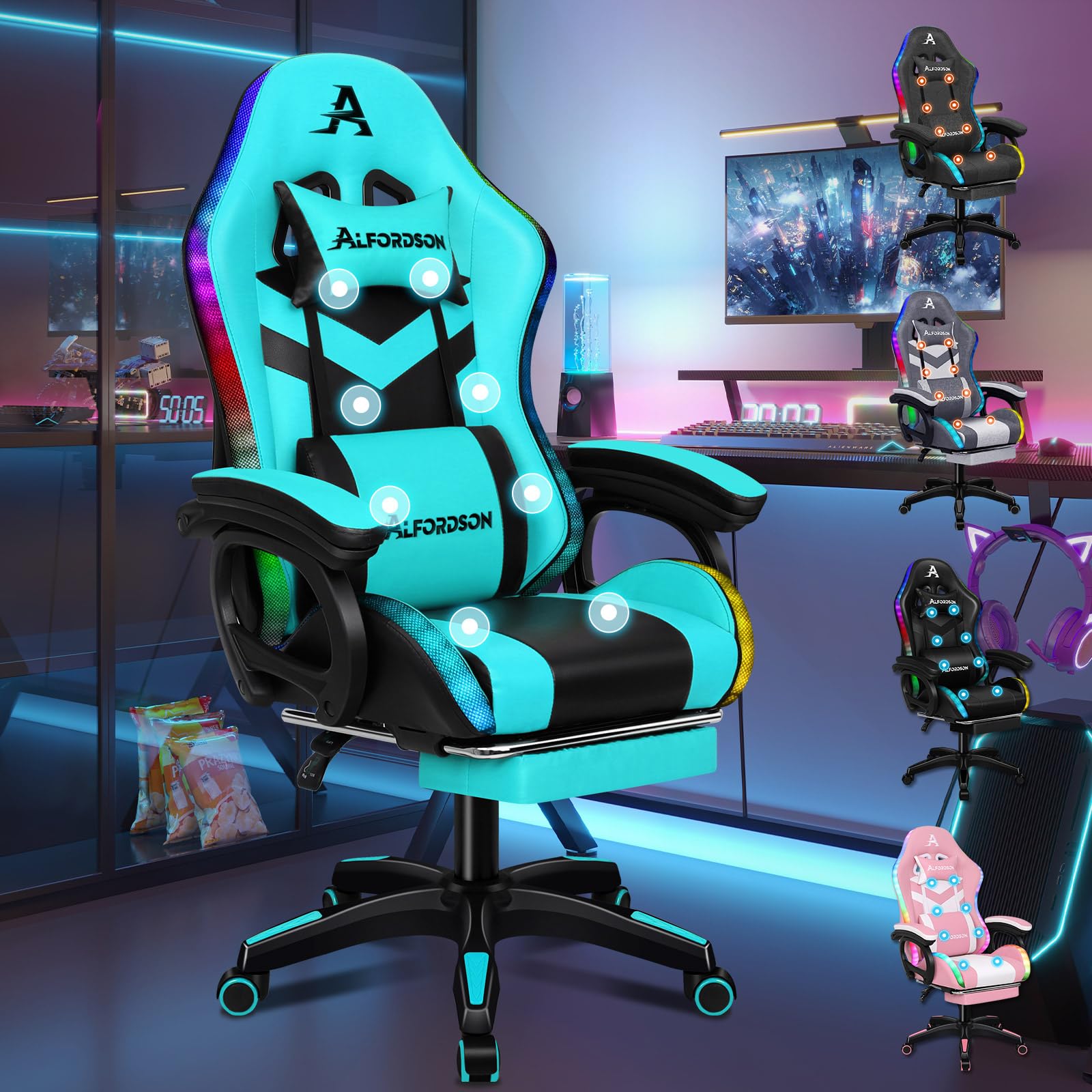 ALFORDSON Gamer-Stuhl Gamer Stühle RGB LED Racing PC-Gaming-Sessel Massage Bürostuhl ergonomisch Schreibtischstuhl Fußstützen, 90-150°Neigungswinkel,180 kg belastbar, Cyan