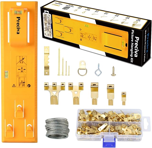 Picture Hanging Tool Kit, Preciva Picture Hanger Wall Hanging Kit with Level Easy Frame and 220 Pcs Assorted Hanging Hooks Hardware with Hooks, Nails, Hanging Wire, D Ring, Triangular Ring, etc.