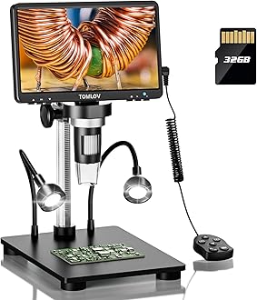 TOMLOVDM9B LCD Digital Microscope: 7" 1200X 1080P Coin Microscope Magnifier, 12MP Ultra-Precise Focusing Soldering Microscopes for Adults, PC View, 32GB, Black