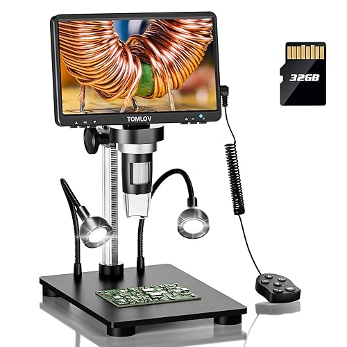 TOMLOV DM9B 7" Digital Microscope: 1080P 1200X Coin Microscope Magnifier, 12MP Ultra-Precise Focusing LCD Soldering Microscopes for Adults, PC View, 32GB, Black - Black