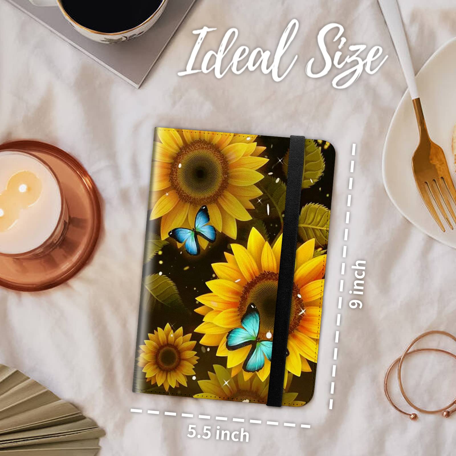 Server Books for Waitress, Waitress Book with Elastic Bandage Closure PU Leather Organizer with Zipper Money Pocket Fit Server Apron, Sunflower Butterflys