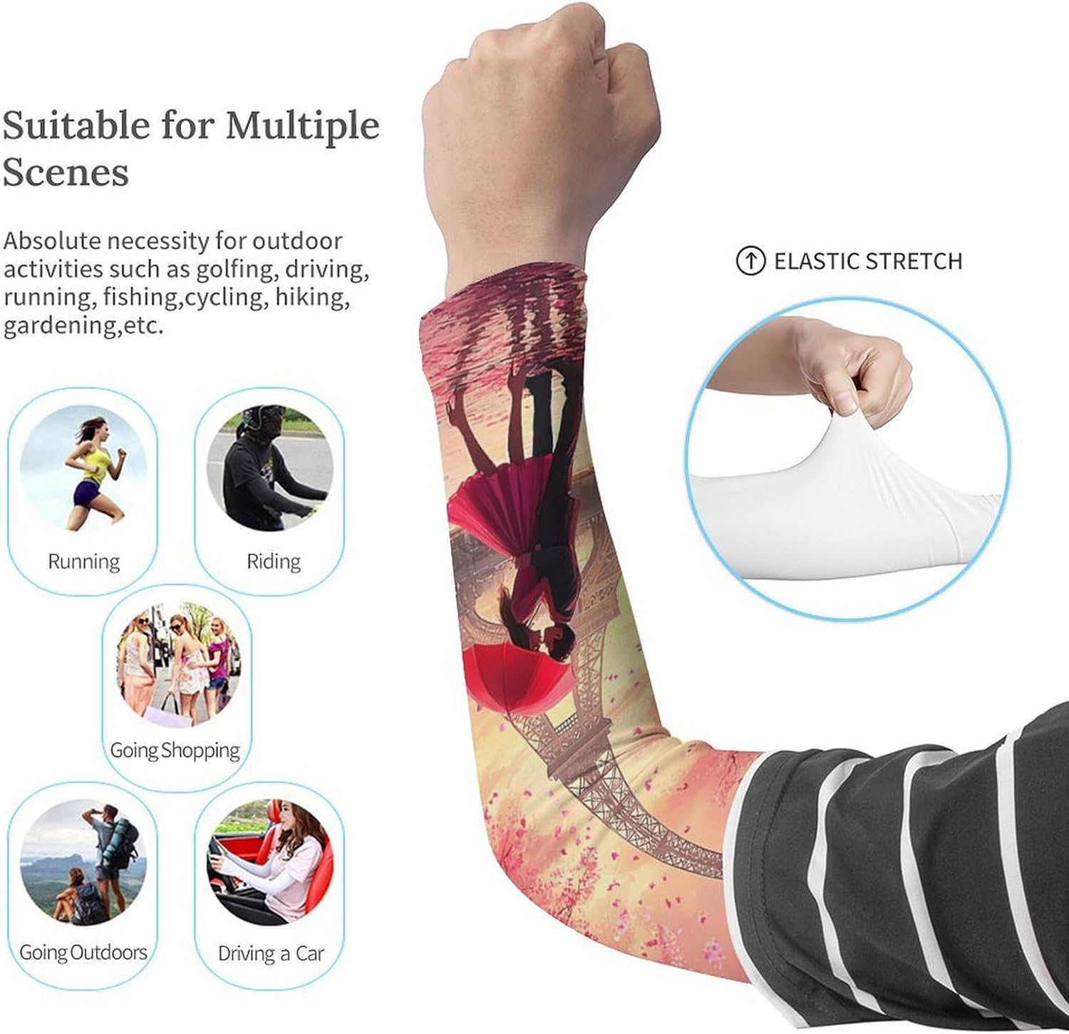 Couples Kiss in Paris Eiffel Tower Arm Sleeves Sun Protection Sleeves Sports Cooling Arm Compression Sleeve for Men Women