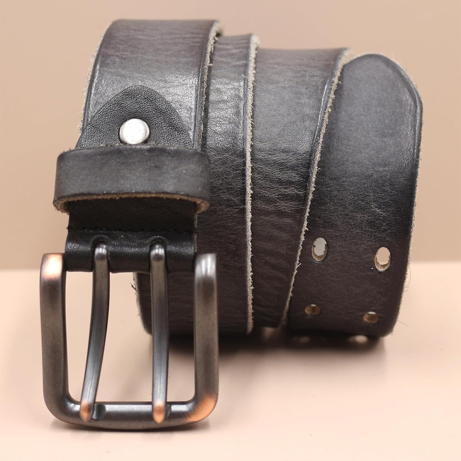 Vintage Cowhide Double Prong Belt for Men Women Heavy Duty Full Grain Leather Distressed Strap for Casual Jeans Pants