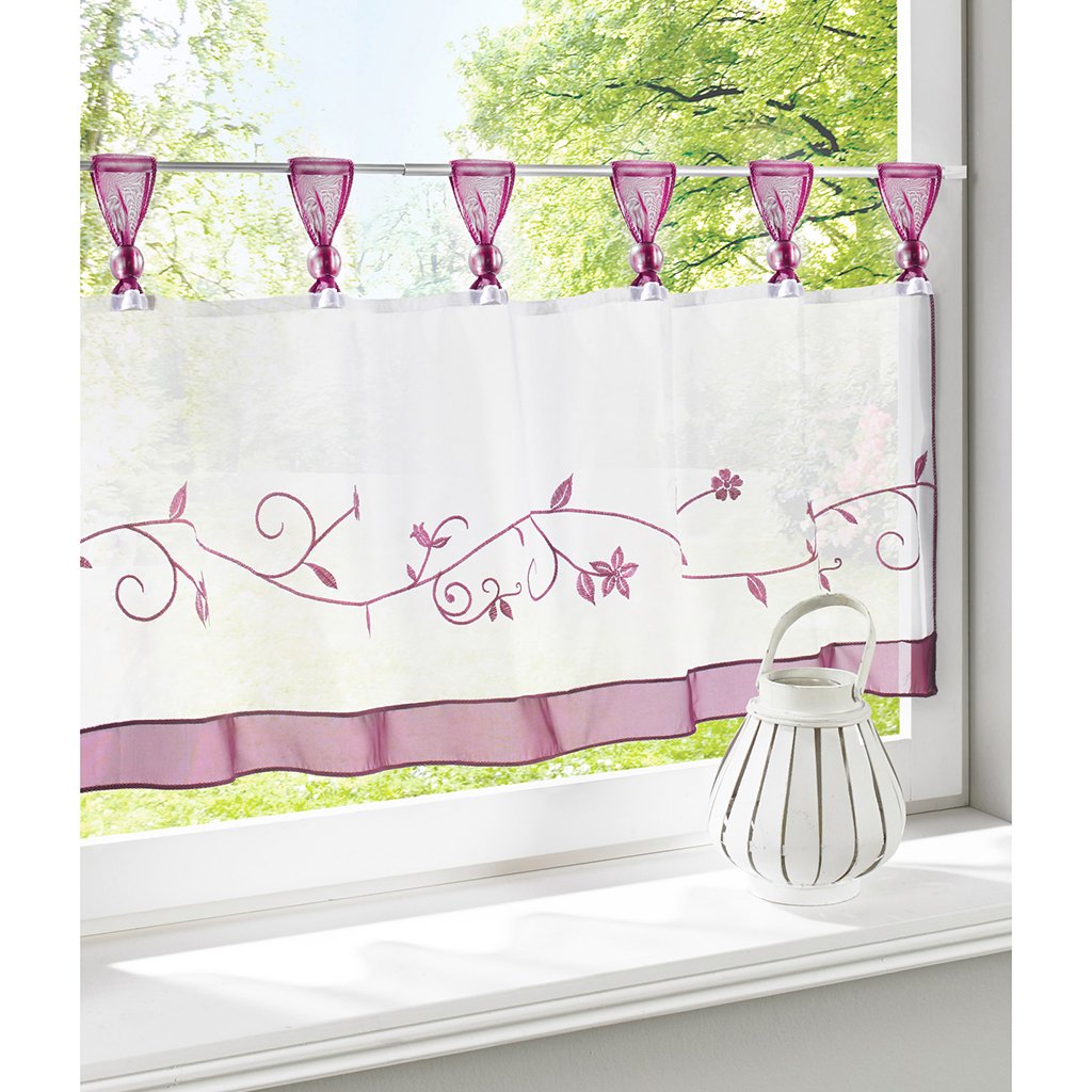 SIMPVALE 1 Piece Cafe Curtain with Flower Embroidered Valance with Tab-top Short Net Curtain for Kitchen, Purple, 90x45cm