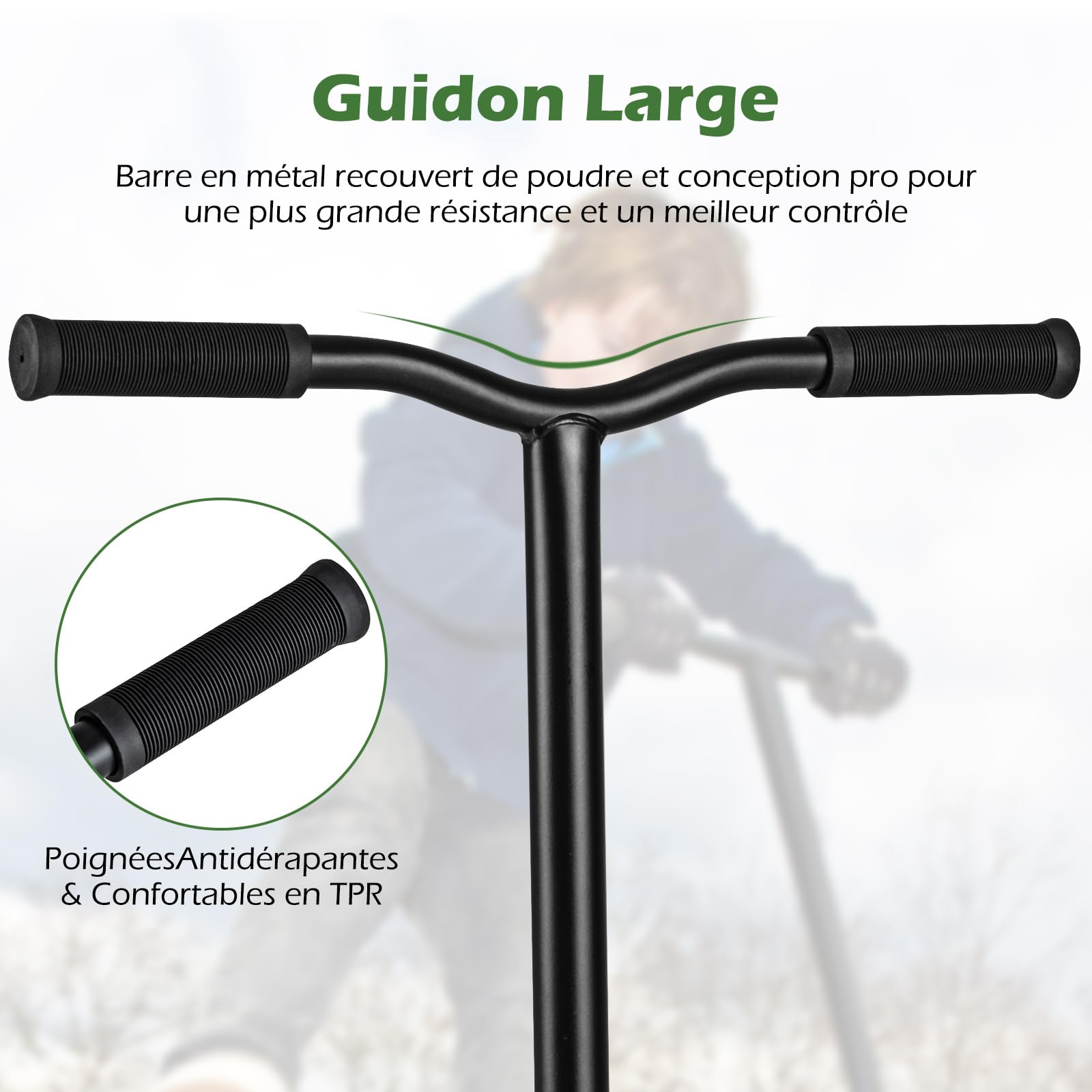 GYMAX Trottinette Freestyle Enfants 10 Ans+, Trottinette Acrobatique Pro, Barre en T en Métal Renforcée, Cadre en Métal Robuste, Plateau en Alliage Léger, Roulements ABEC-7, Capacité 100 Kg