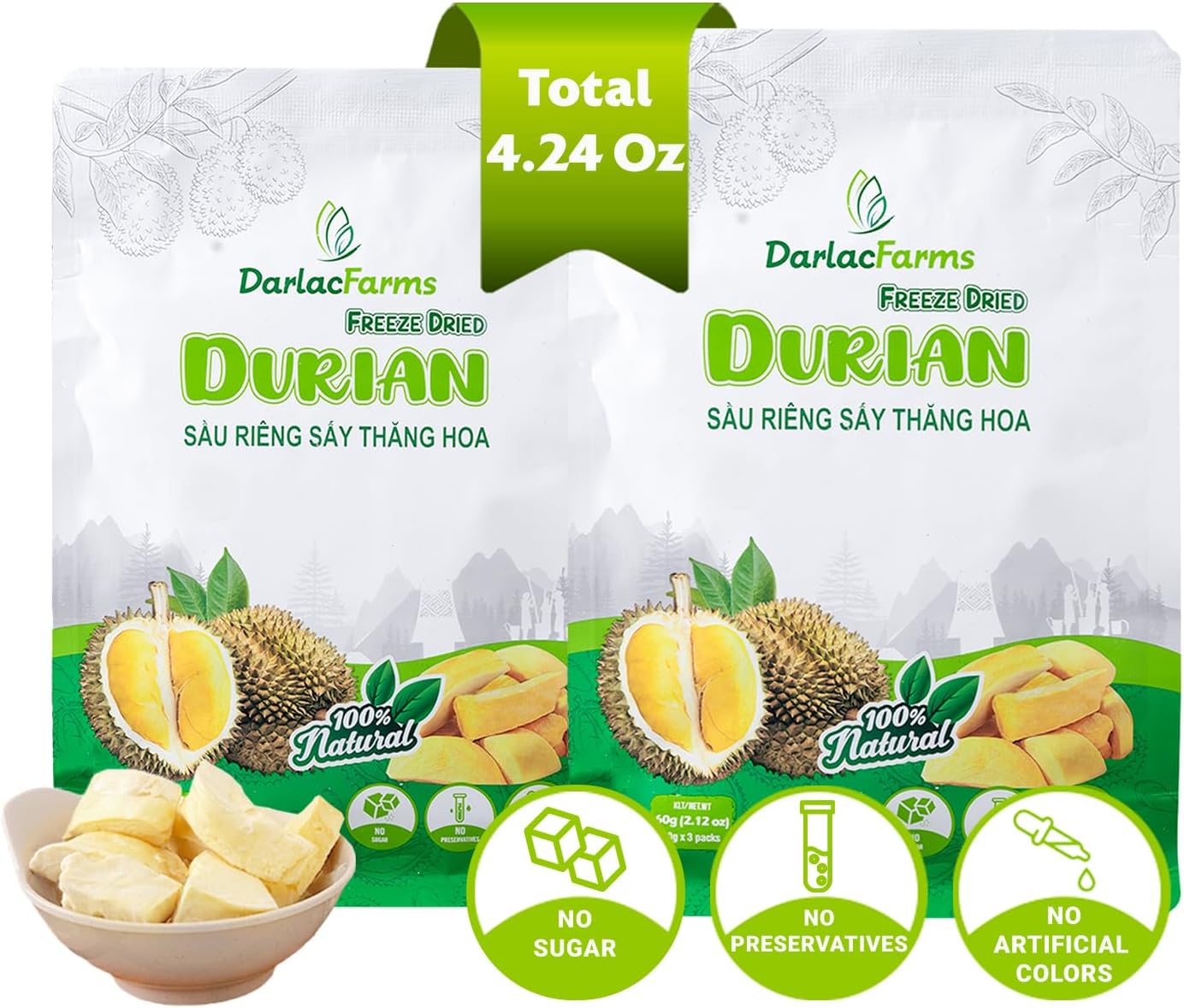 DARLAC FARMS Freeze Dried Durian Bites Pack 2 (0.7 Oz x 6 Counts), Premium Organic Crispy Crunchy Natural Healthy Fruit Snacks for Kids & All Ages, No Sugar Added