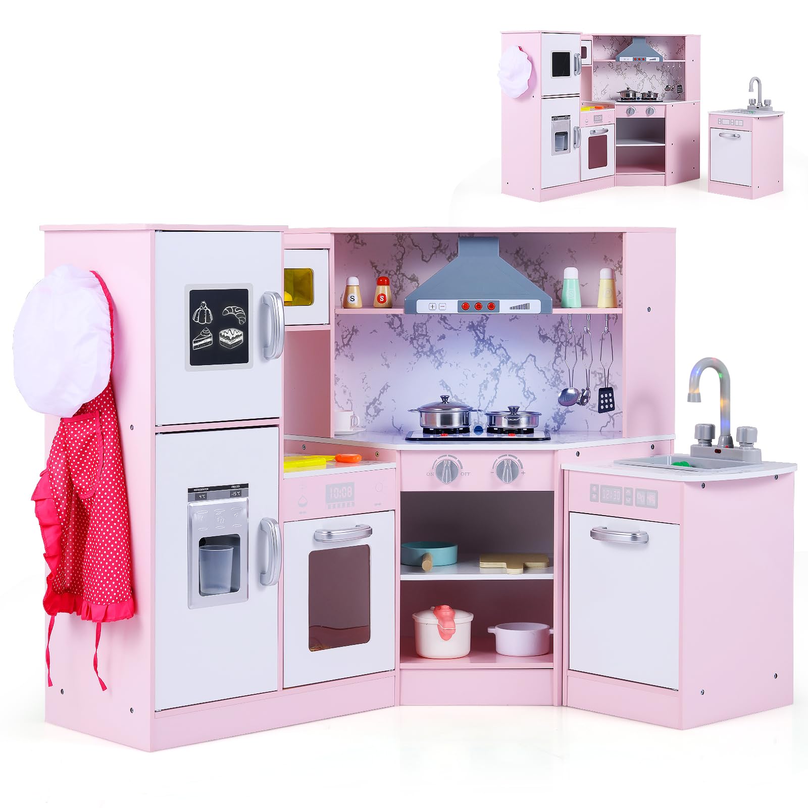 RELAX4LIFE Cucina Giocattolo per Bambini, Cucina Lussuosa in Legno con Effetti Luminosi e Sonori, Forno, Microonde, Macchina del Ghiaccio Lavastoviglie e Lavagna, Regalo per Bambini 3+ Anni (Rosa)