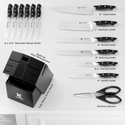 Miniatura 2 de Juego de cuchillos de cocina de 15 piezas con bloque y afilador, juego de bloques de cuchillos de acero inoxidable alemán, cuchillas afiladas, mango