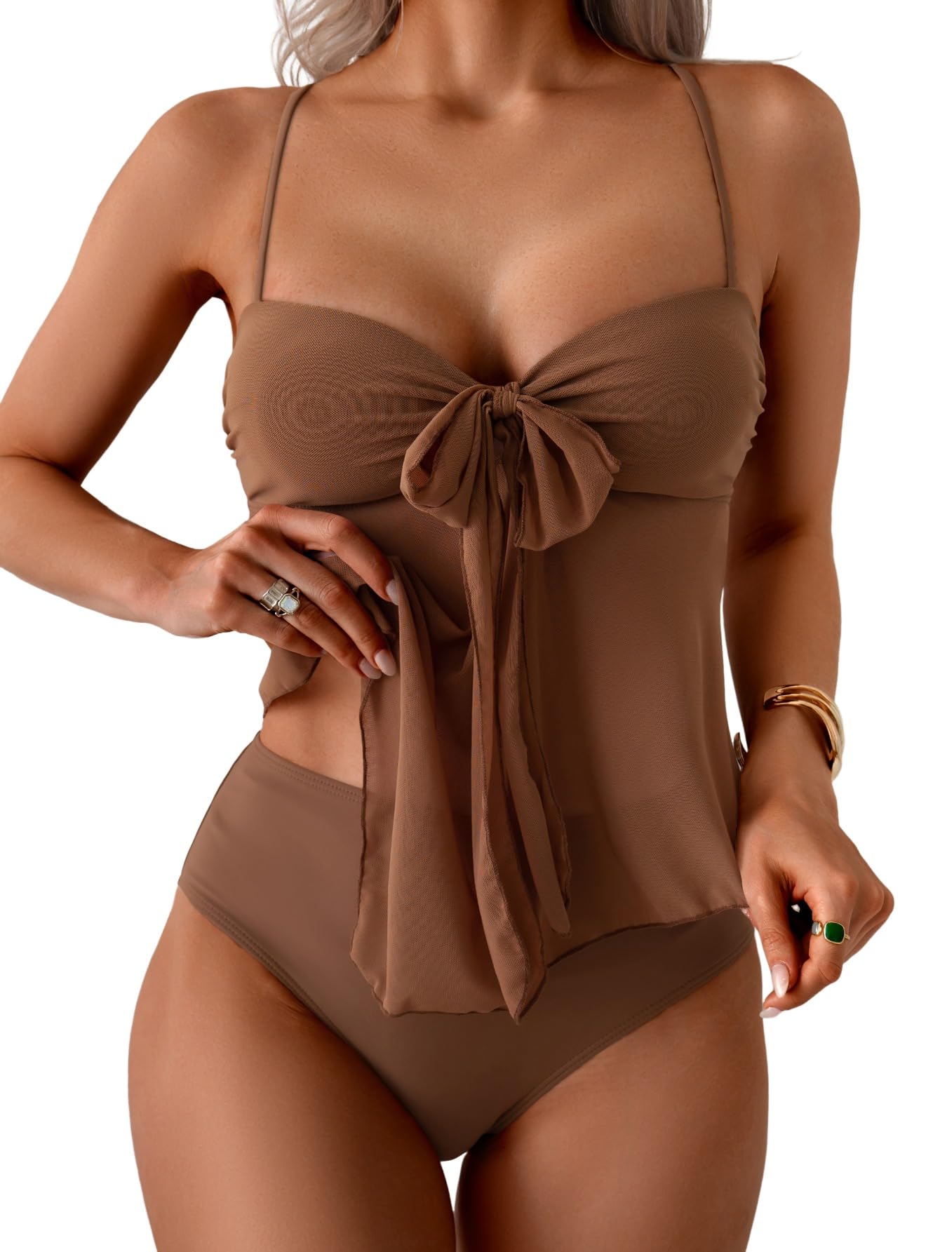 B2prityWomens Mesh Tankini Swimsuits Flowy Two Piece Bathing Suit V Neck Tie Knot Swim Top with High Waisted BottomGlobal Recycled StandardGlobal Recycled StandardGlobal Recycled Standard