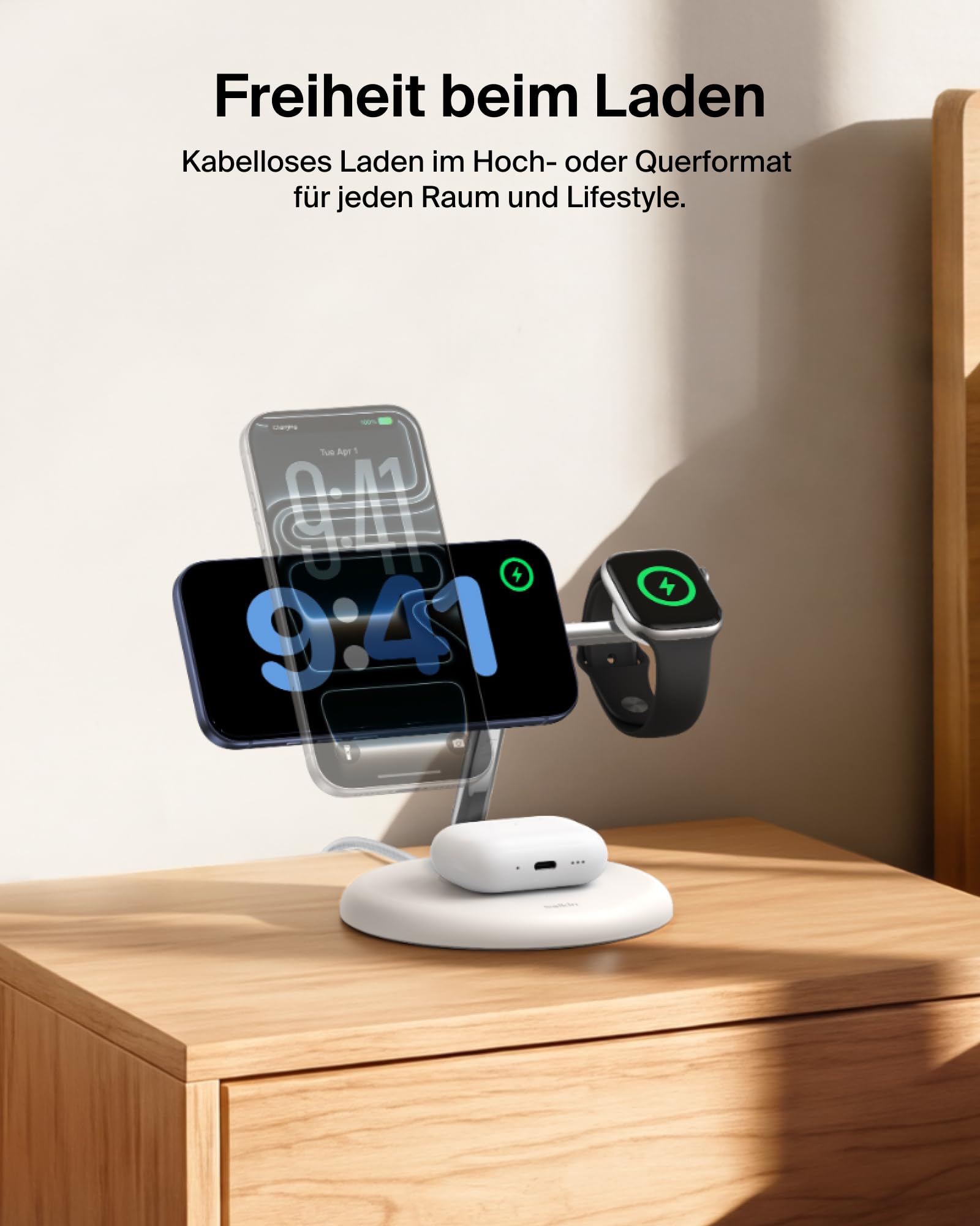 Belkin UltraCharge 3-in1 Induktive-Ladestation mit Qi2, 25W – Weiß | Qi2.2-zertifiziert, MagSafe Kompatibles Kabelloses Ladegerät für iPhone, Apple Watch, Kopfhörer; USB-C-Kabel, 45W Netzteil