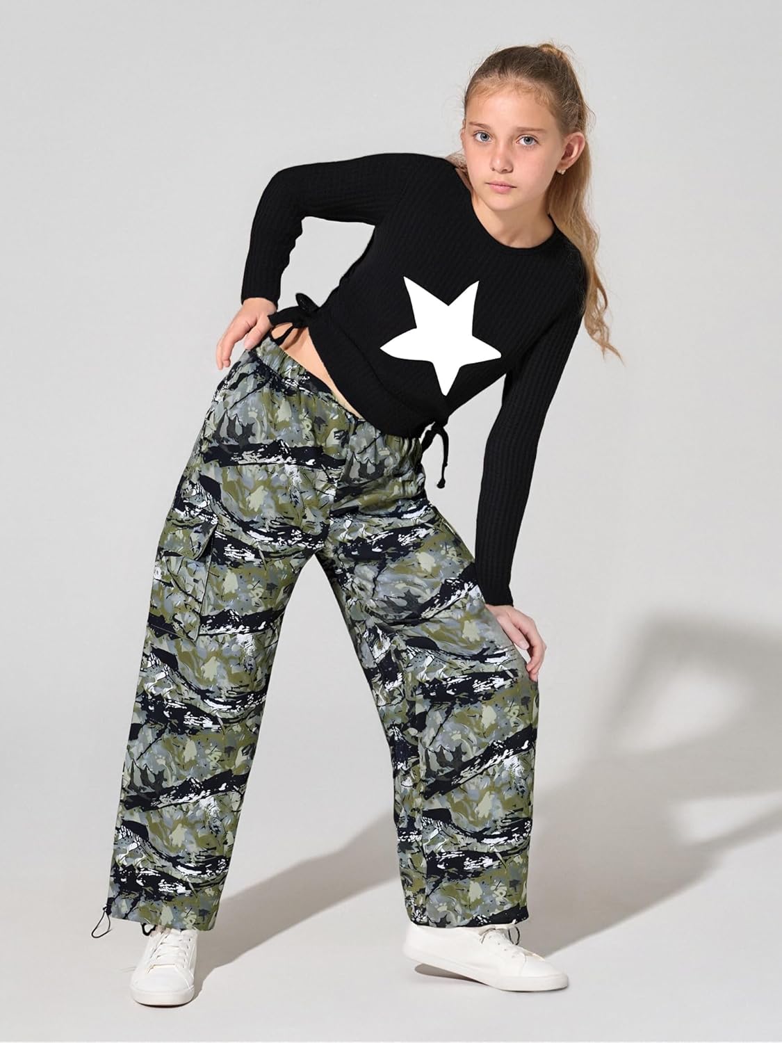 Girls Clothes Tween Girl Clothing Long Sleeve Ruched Drawstring Ribbed Knit Top Camo Cargo Pants Fall Winter Outfits - Image 3