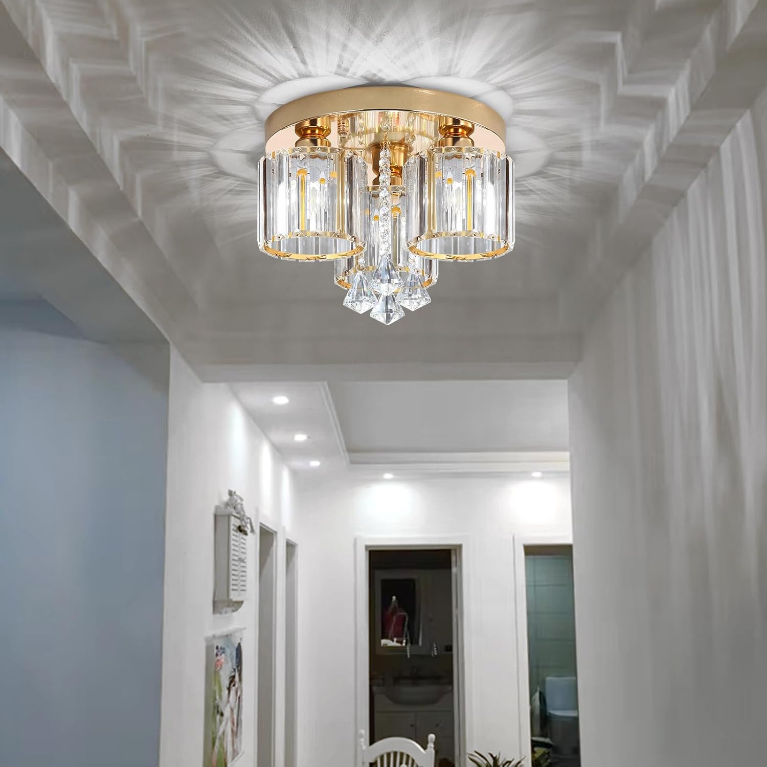 Gold Glam Chandelier Crystal Ceiling Light for Bedroom Lighting Fixtures LED Drum Light for Dining Room Kitchen Entrway Foyer Crystal Pendant Drops Light