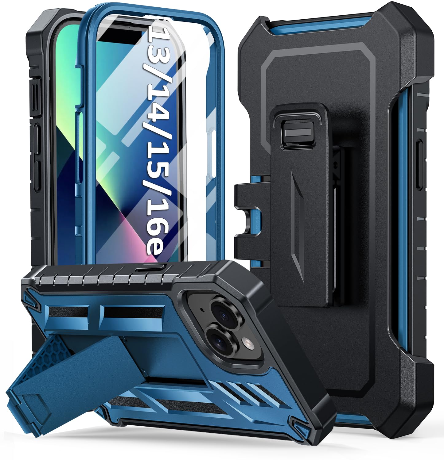 for iPhone 13/14/15 Phone Case: for iPhone 16e Protective Cover with Belt Clip Holster | Durable Dual-Layer Design with Built-in Kickstand | Heavy Duty Military Grade Hard Protection Shock Proof