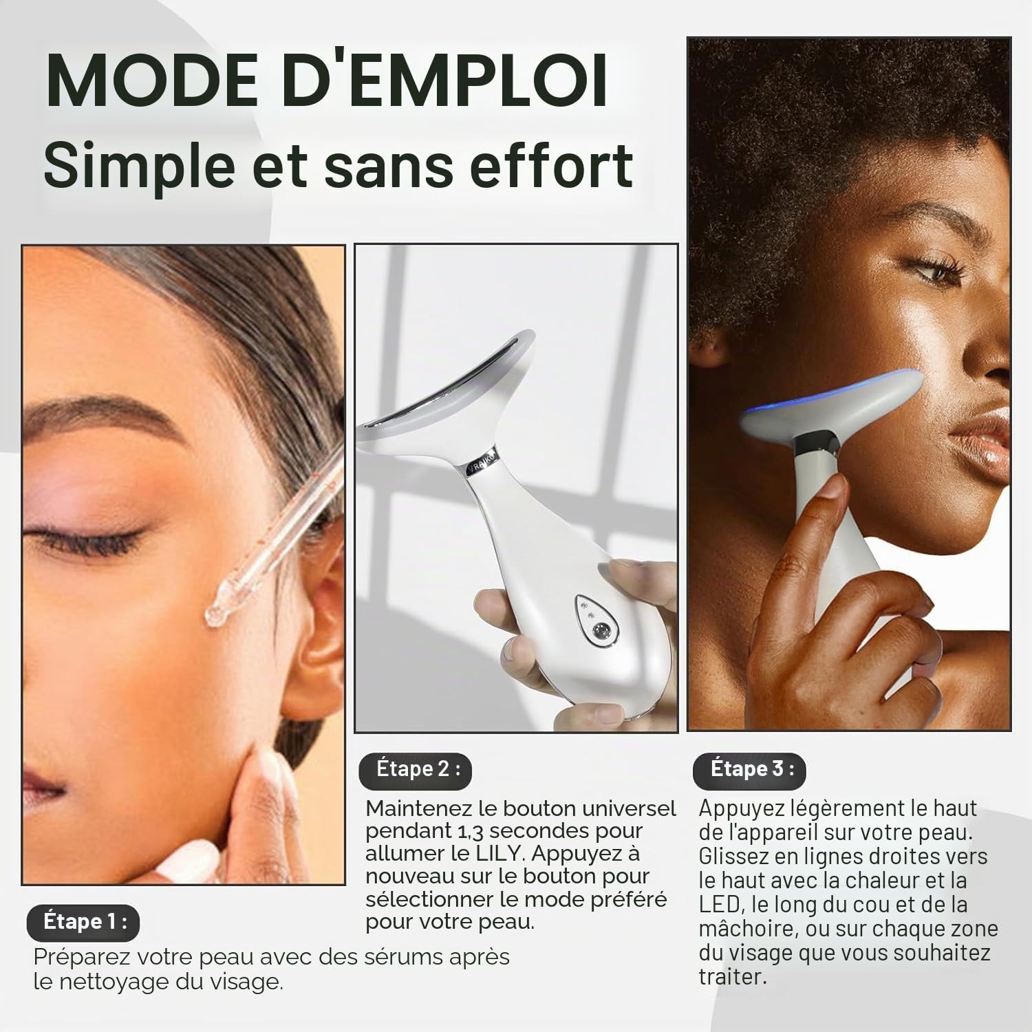 VRAIKO Lily Neck massage du visage, dispositif de rajeunissement de la peau avec thérapie thermique, LED à triple action et Vibration, pour le levage et le serrage anti-âge (blanc perle)