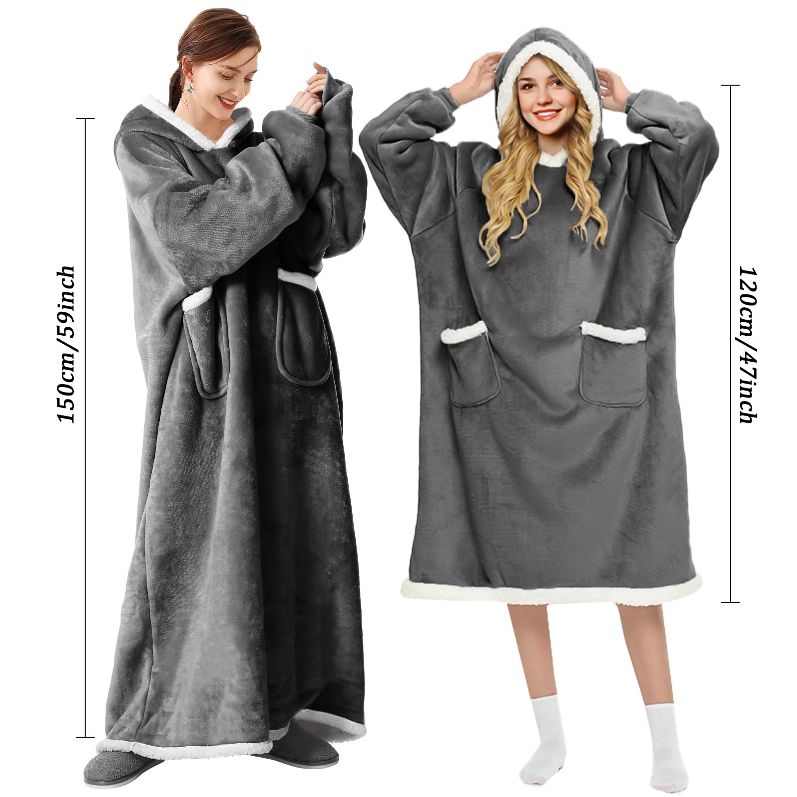 FEELJAM Coperta con cappuccio Coperta con maniche Plaid con manica Felpa donna plaid Coperta gigante con maniche - 80 x 150 cm, Grigio scuro