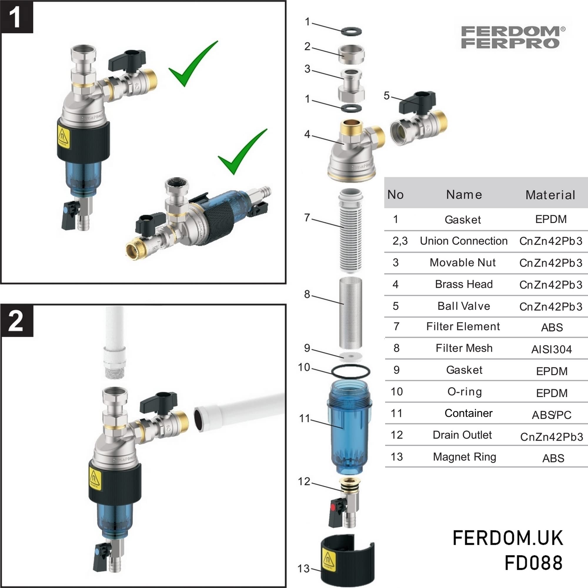 FERDOM FD088 EASY-MAG Filtro Defangatore Magnetico Sottocaldaia 3/4". Anche il sistema solare. Separatore efficiente/filtro 500mμ. Facile da installare e utilizzare. Testa in ottone, Involucro ABS.
