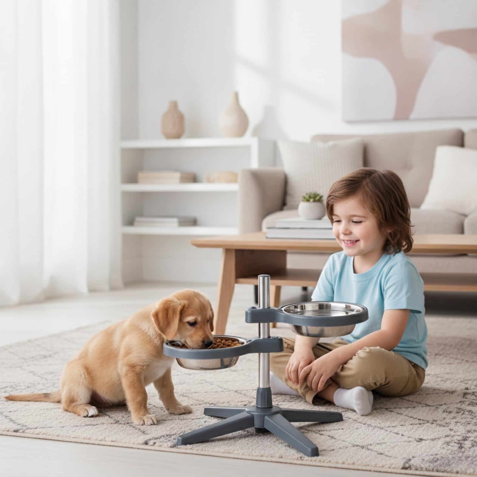Comedero Elevado para Perros y Gatos Alimentador Ajustable con Dos Platos Soporte Metálico Vertical Estable Bowls de Acero Inoxidable Extraíbles, Gris Oscuro, Grande 21cm