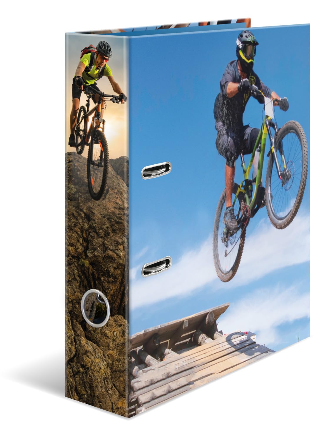 HERMA Segregator A4 do roweru górskiego, grzbiet 70 mm, wytrzymała teczka z motywem sportowym, błyszczące wykończenie i nadruk wewnętrzny, segregator kółkowy dla dzieci, segregator archiwizacyjny
