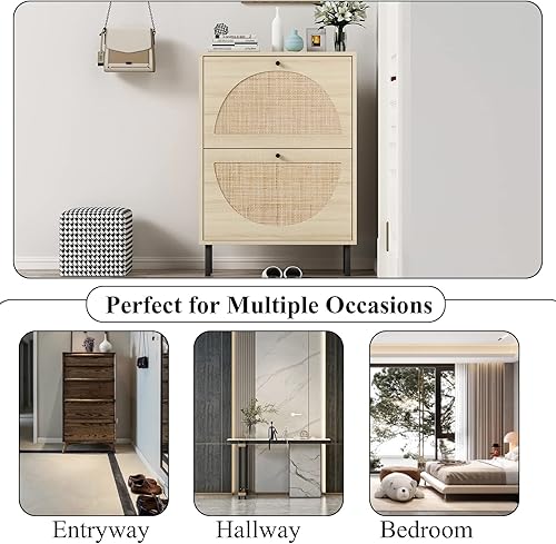 Miniatura 7 de Goujxcy Zapatero bohemio de ratán con 2 cajones abatibles, soporte delgado de almacenamiento de zapatos para tacones, botas, pantuflas, organizador