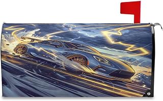 ALAZA Blue Racing Car Yellow Lightning Mailbox Cover Magnetic Post Box Wrap Letter Box Cover for Garden Yard Outdoor Home Decor 18 x 20.7 Inches(Standard Size)