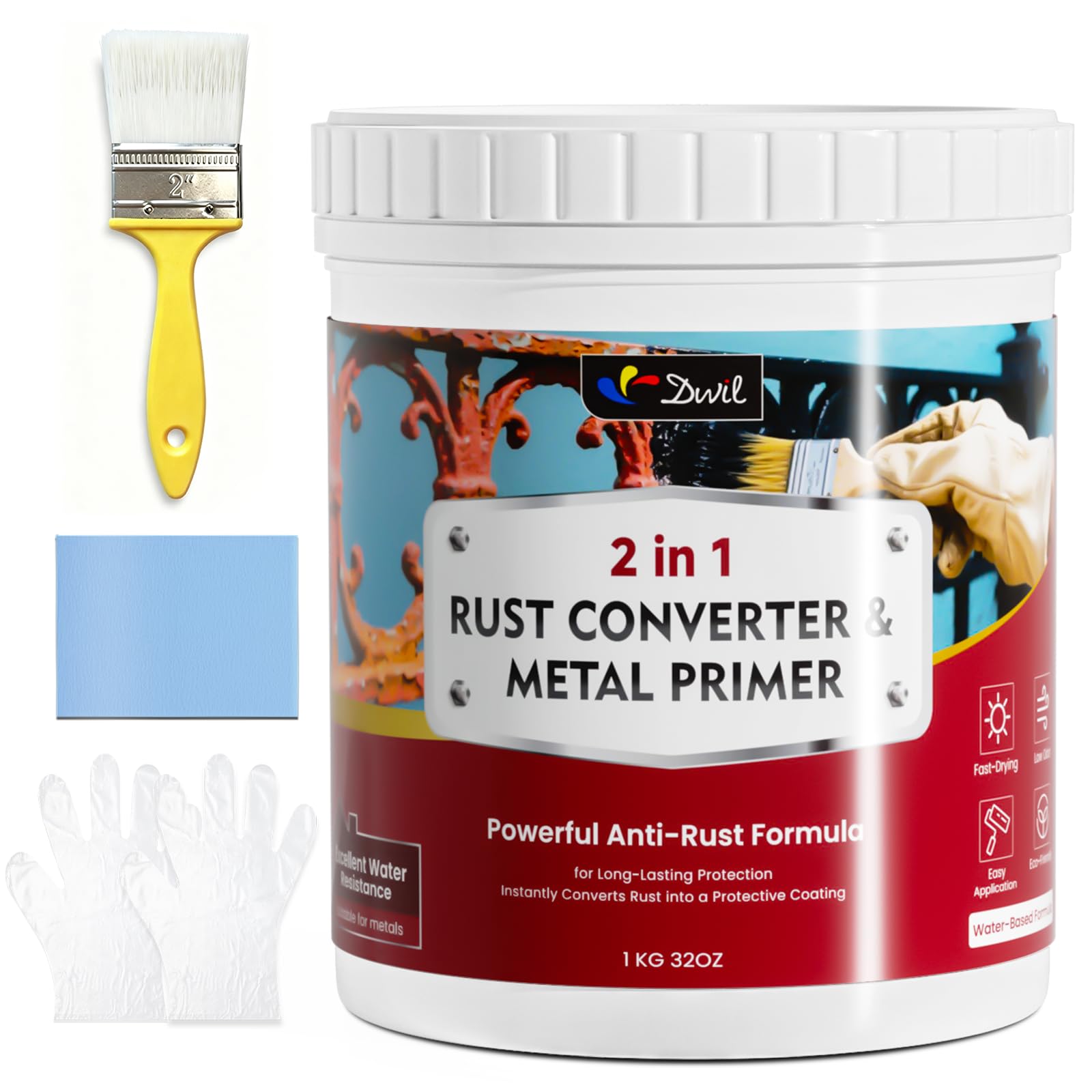 DWIL Rust Converter and Metal Primer 𝟮 𝗶𝗻 𝟭, High-Flow Water-Based Rust Reformer for Metal, Low Odor Anti-Rust Coating for Car Chassis, Truck Frame, Fence, Railing, Tools and Equipment, 32 oz