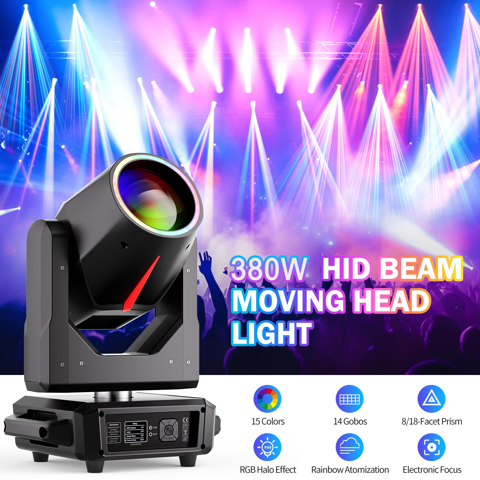 Teste Mobili LED 380W con flight case, RGBW Beam Luci da Palco 14 Gobos 15 Colori Faretti Moving Head per Feste Discoteca Bar Club Matrimoni Concerti