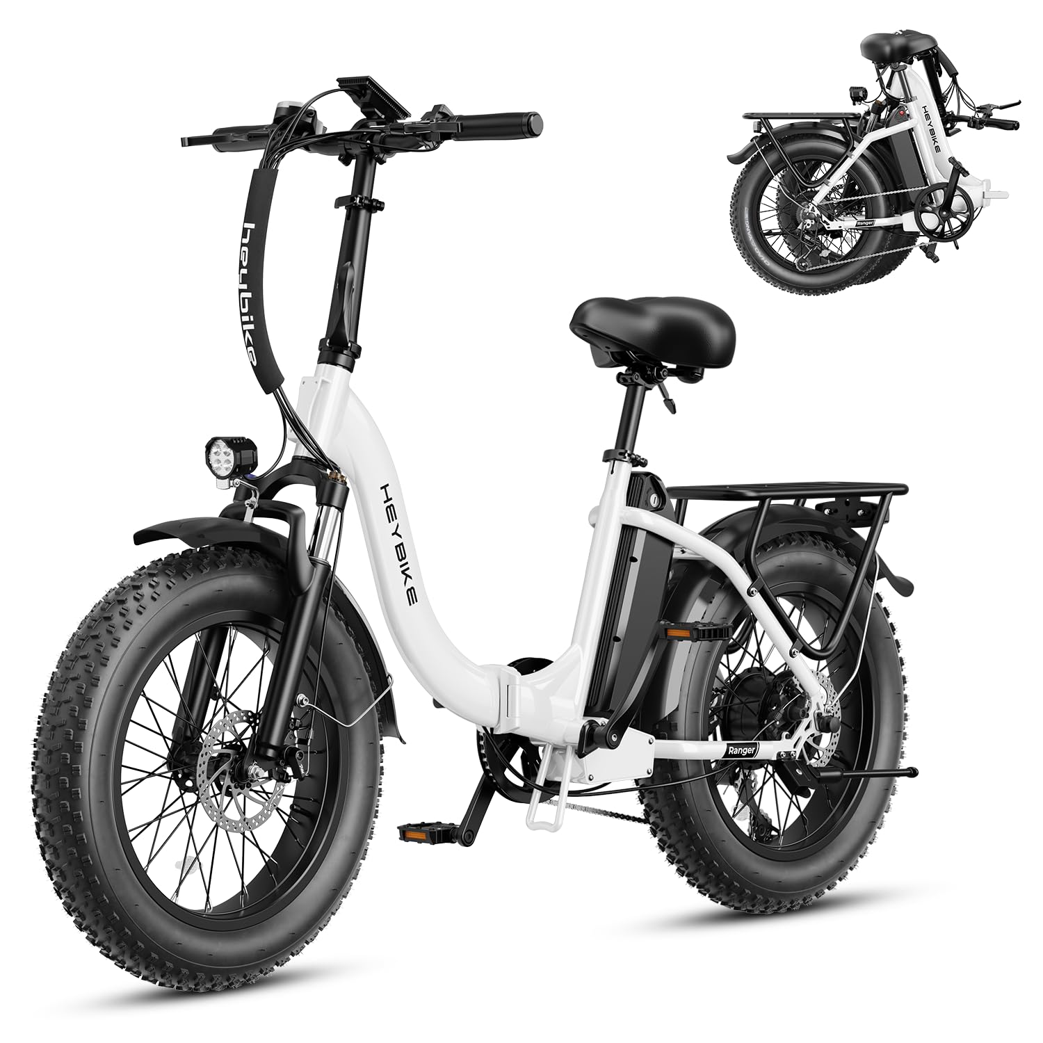 Heybike Ranger Electric Bike for Adults, Peak 1400W Upgraded Motor Ebike, 28MPH [20" Fat Tire All-Terrain] 600Wh Removable Battery Folding Step-Thru E Bike with Front Suspension