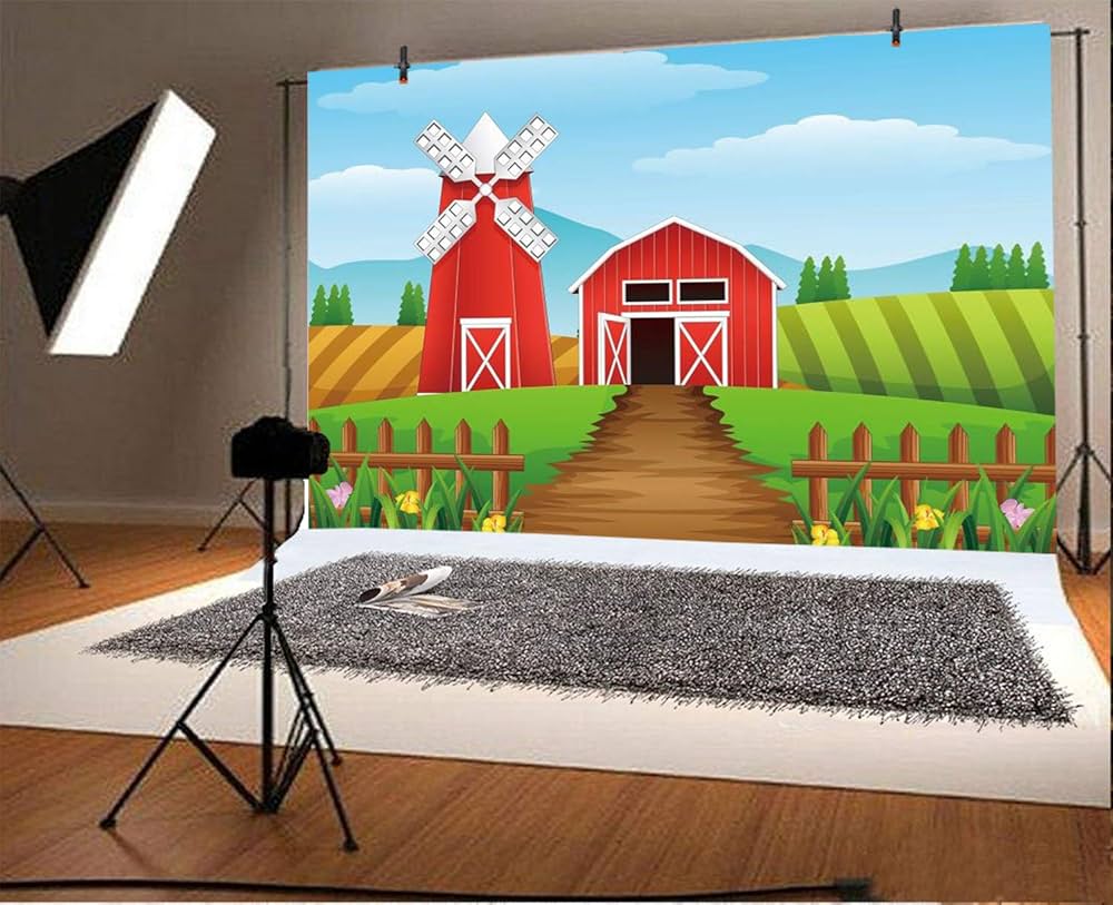 風景圖2 Amazon.com: Yeele 3.0x2.0 英尺卡通農場背景穀倉棚風車風景背景