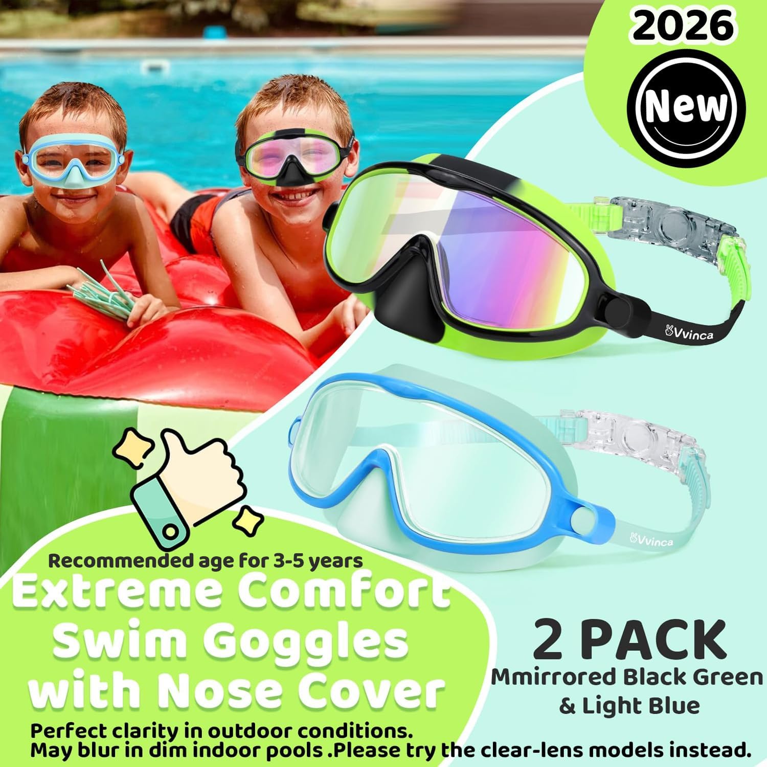 Vvinca Lot de 2 lunettes de natation pour enfants avec cache-nez, masque de plongée large vue anti-buée, UV, anti-éclats pour enfants de 3 à 6 ans