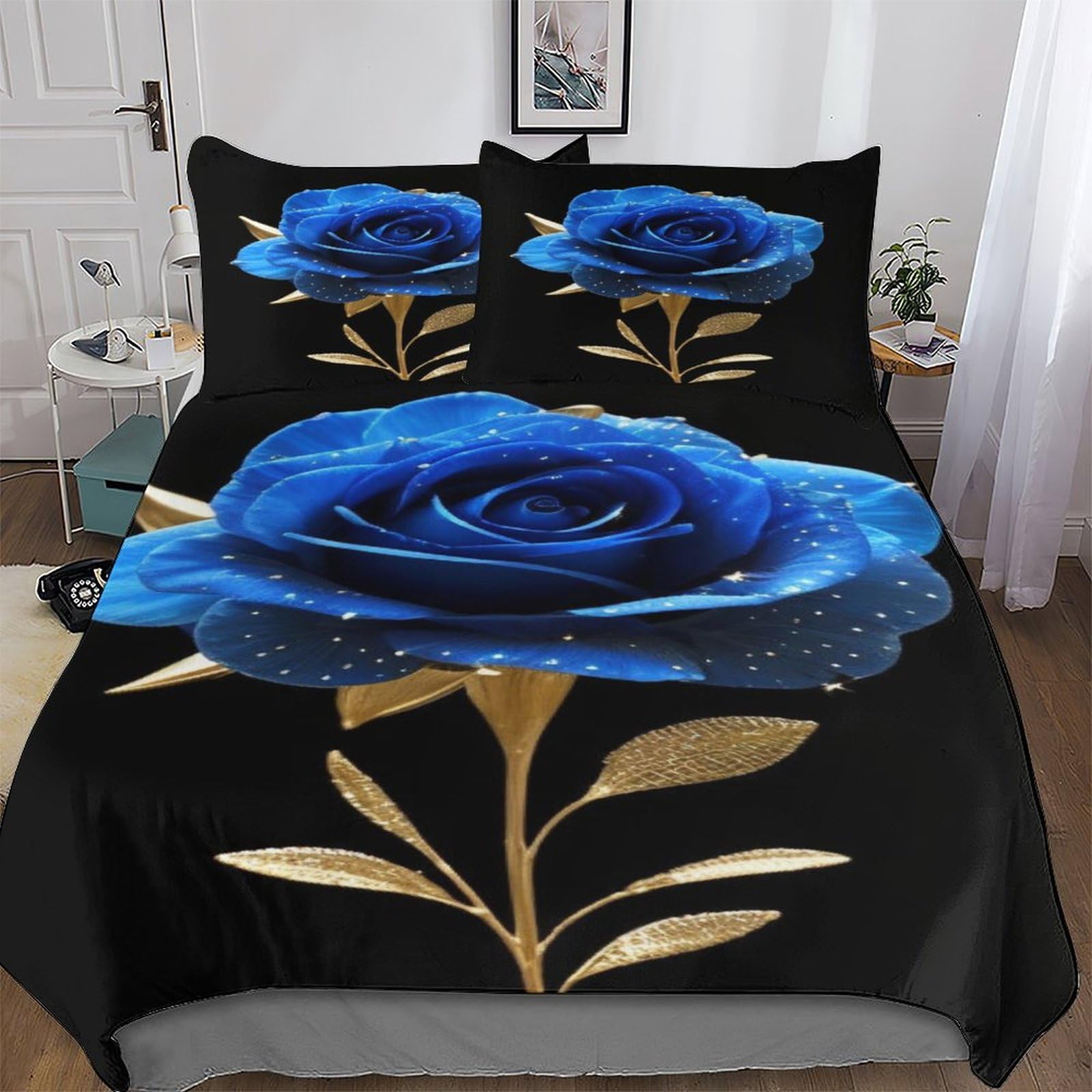 PAZZK Rose Duvet Cover 2PCs, 3D Bedding Sets with Zipper Closure, Microfiber Polyester Quilt Cover with Pillowcase, For Adult Girls Boys Cotton Comforter Cover Single (135x200cm)