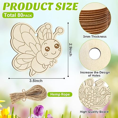 Miniatura 42 de 80 piezas de adornos de madera de primavera para pintar, 8 estilos de adornos de madera sin acabado para bricolaje, cortes en blanco