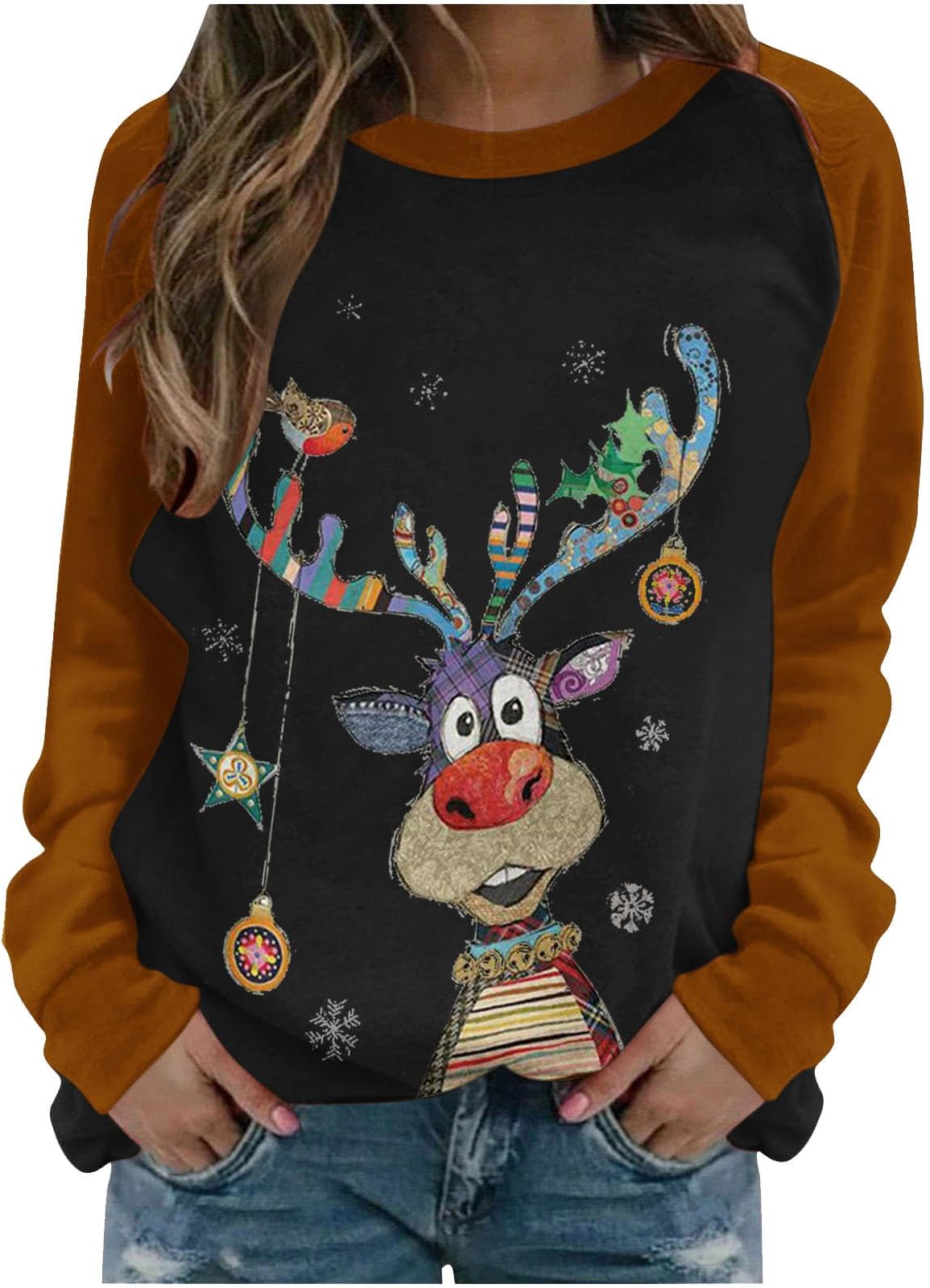 AMhomely Women's Christmas Tops Sweatshirts Dressy Long Sleeve Crewneck Graphic Blouse Funny Christmas Tree Cute Elk Print Xmas Pullover Festival Tops Xmas Jumper