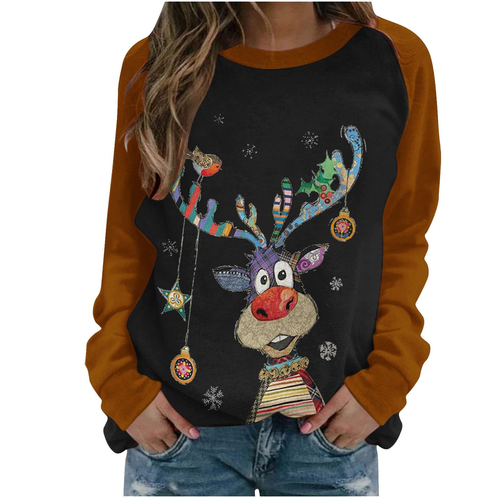 AMhomely Women's Christmas Tops Sweatshirts Dressy Long Sleeve Crewneck Graphic Blouse Funny Christmas Tree Cute Elk Print Xmas Pullover Festival Tops Xmas Jumper