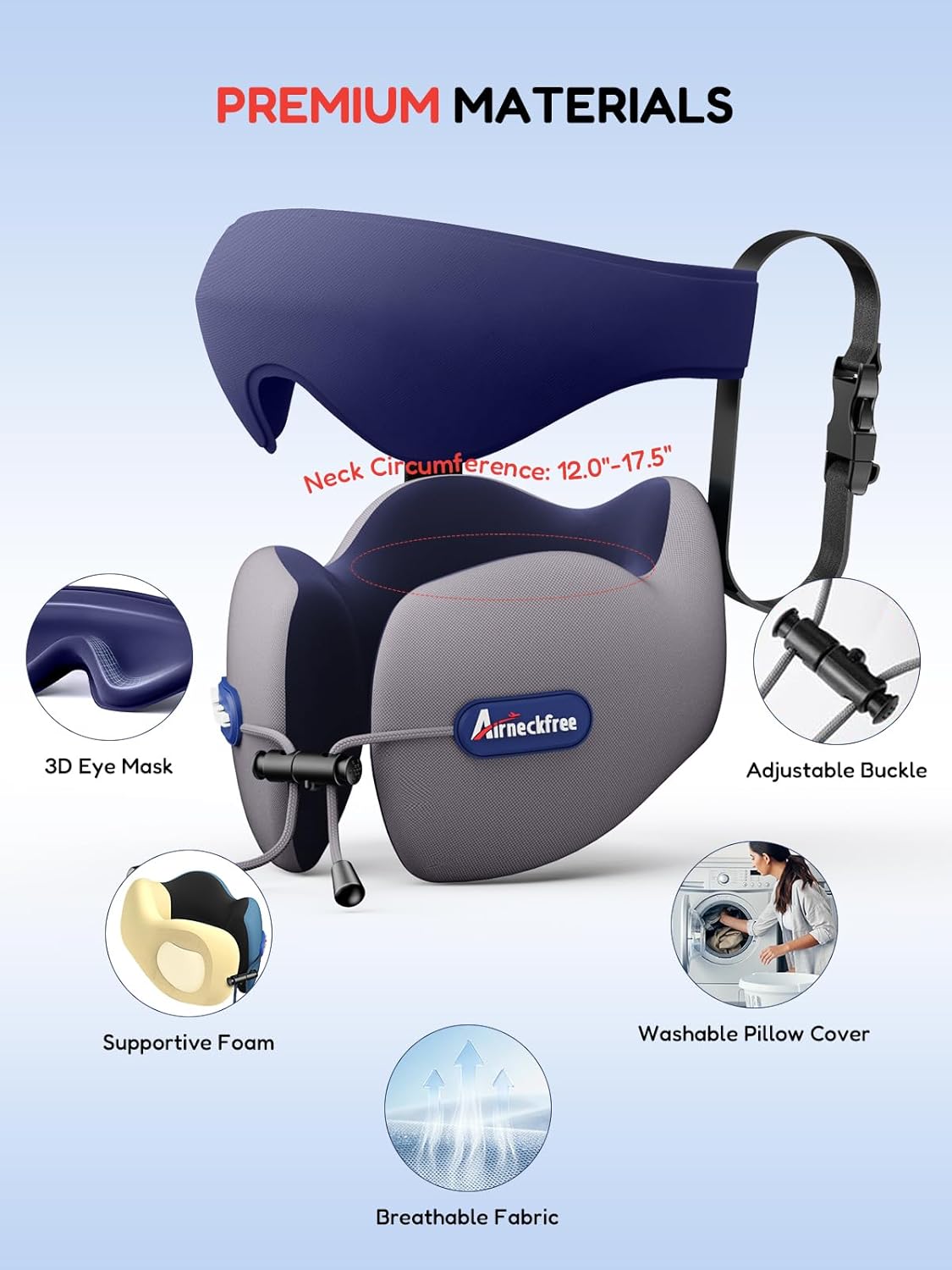 Neck Pillow for Traveling, Travel Pillow for Airplanes with Ergonomic 360° Head Neck Support, Combo with 3D Eye Mask, No Head Bobbing Travel Essentials for Plane,Car,Train,Home-Grey