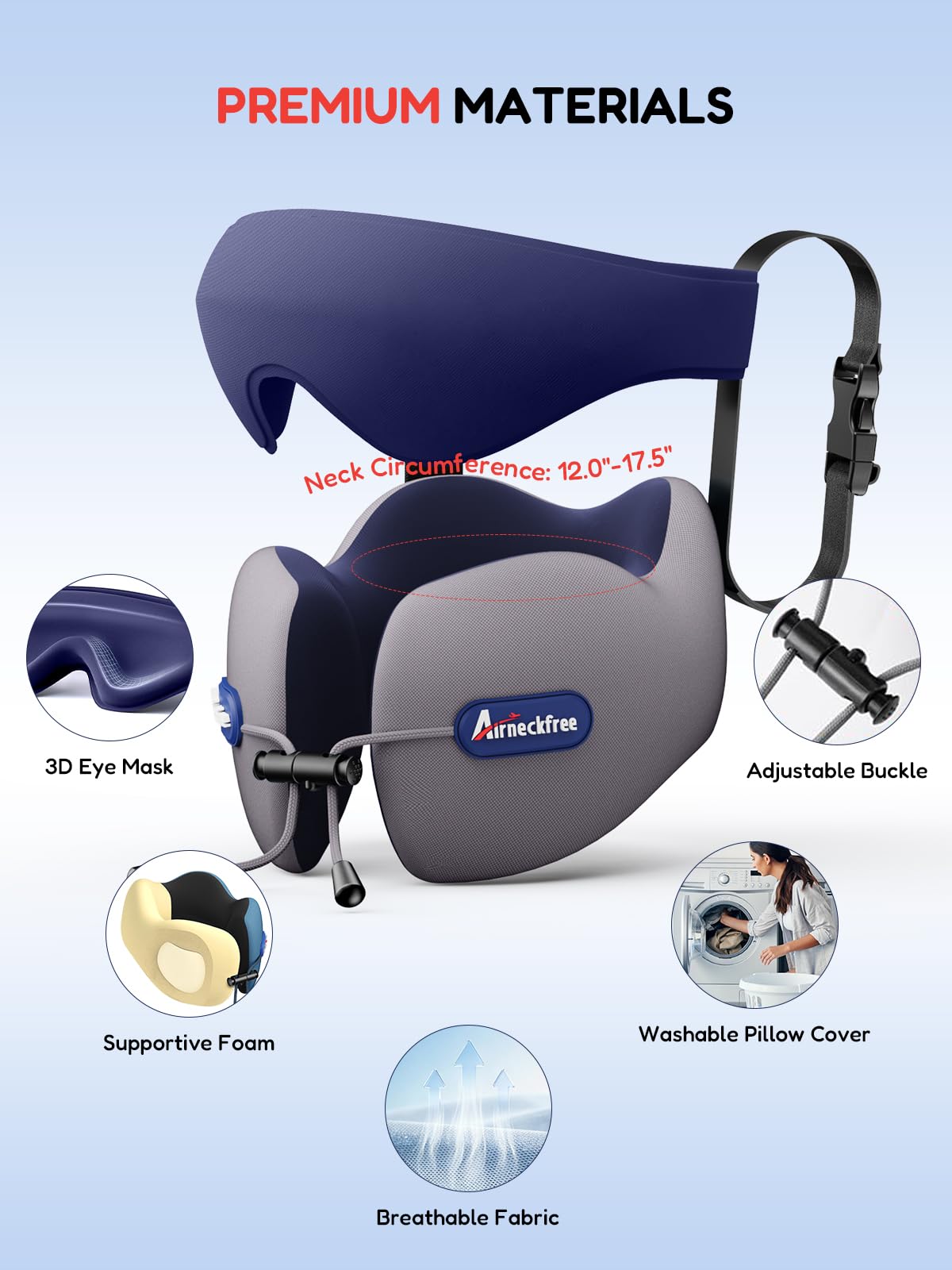 Cuscino da Viaggio per Aereo con Maschera 3D Travel Pillow | Con Cinturino per Sedile, Supporto per Testa e Collo, Schiuma Memory Confortevole per Aereo, Auto e Treno, Grigio