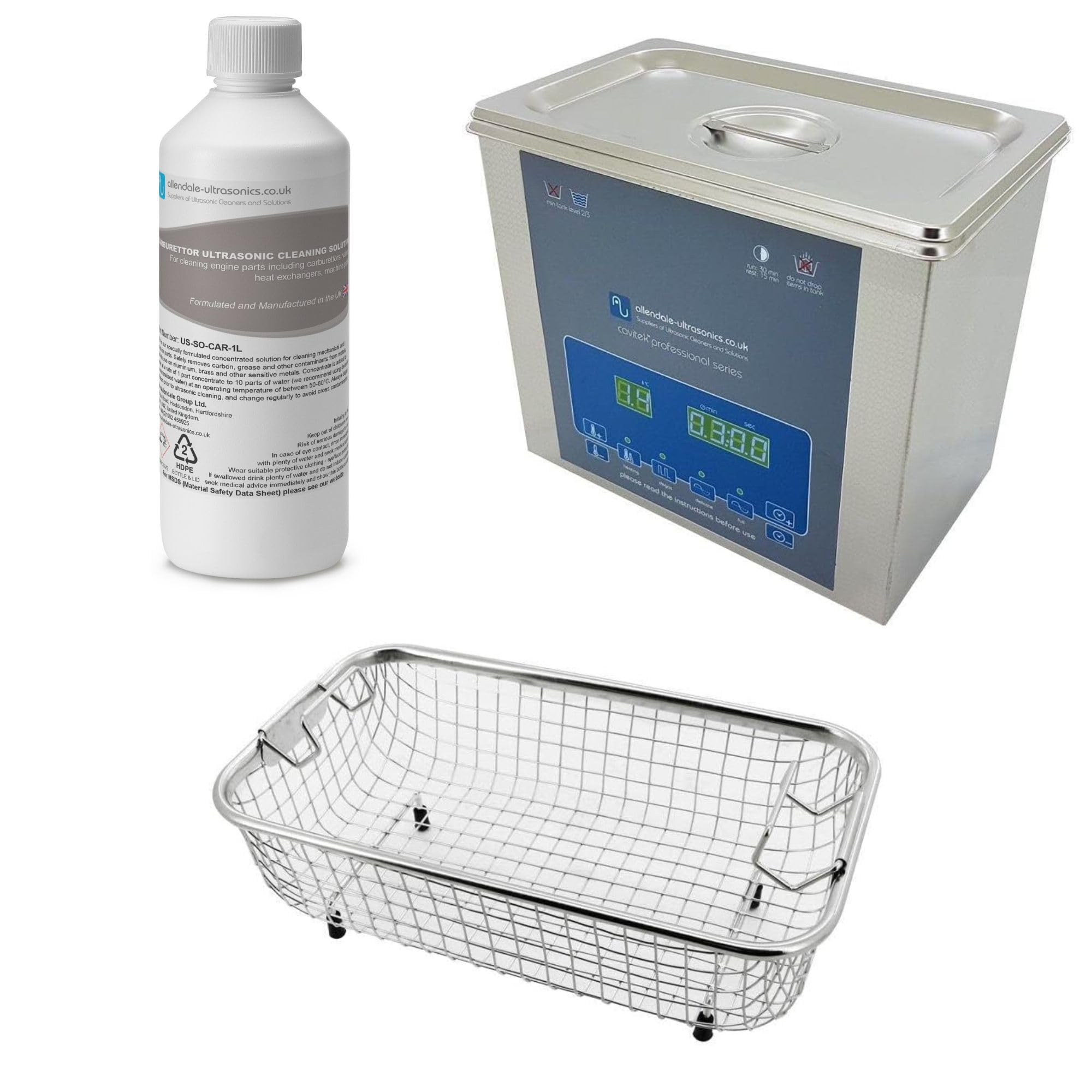 Allendale Ultrasonics Silver Allendale Ultrasonic Cleaner Compact Benchtop 3 Litre Bundle Includes Ultrasonic Cleaner Bath, Basket, 1 Litre Carburettor Engine Parts Ultrasonic Fluid, Mechanics Ultrasonic Bundle