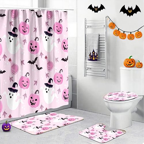 Miniatura 13 de Juego de 4 cortinas de ducha de Halloween, juego de baño de Halloween con cortina de ducha y alfombras, cubierta de tapa de inodoro, cortina de