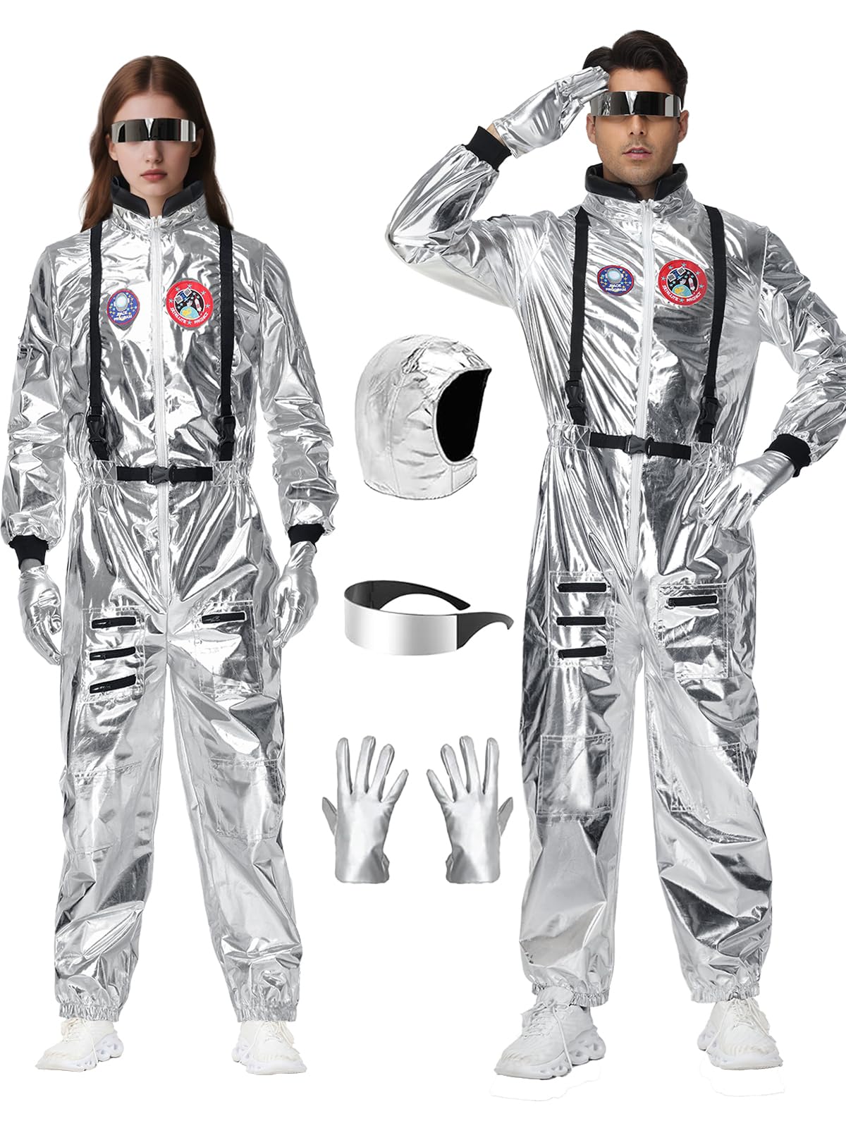 Candyhouse Astronaut Costume for Adults - Silver Space Suit with Helmet, Gloves, Glasses for Halloween Cosplay (XL)