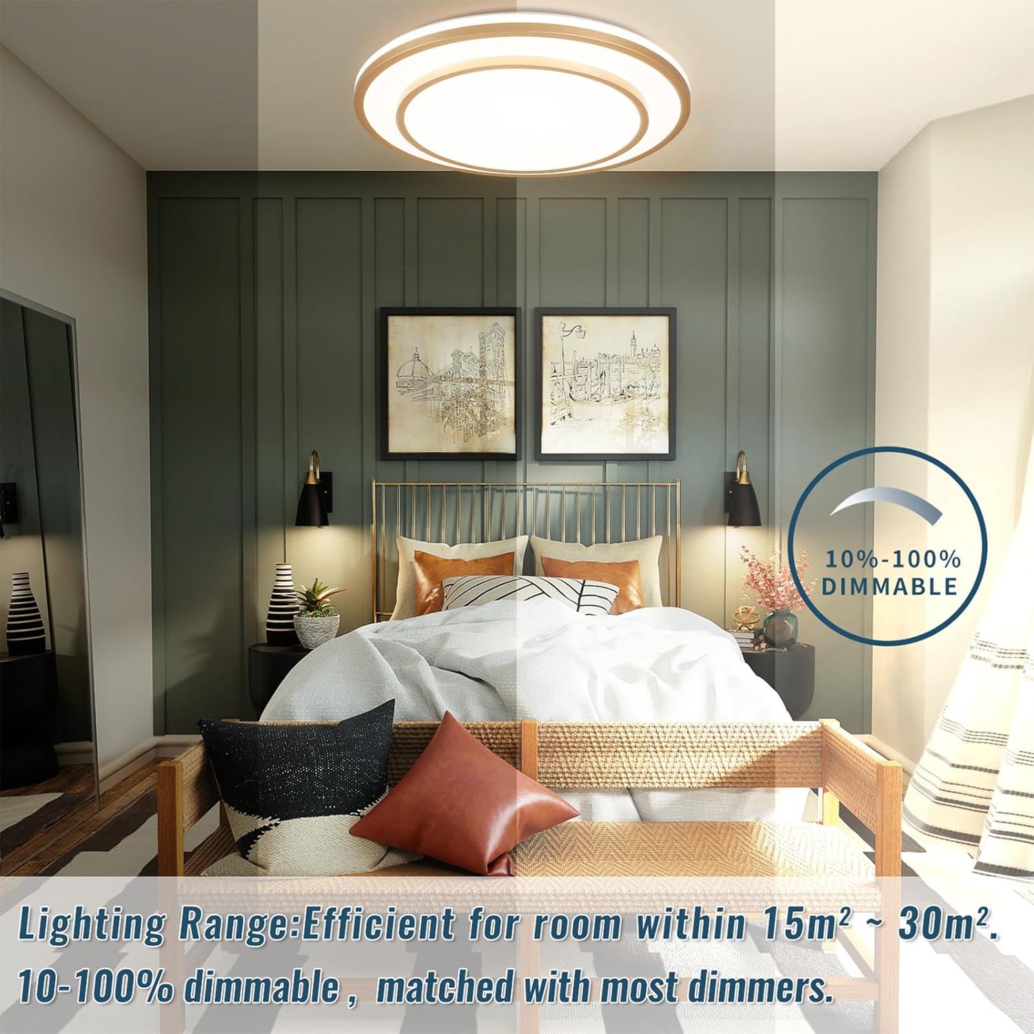 20" LED Flush Mount Ceiling Light Fixture 5CCT, Gold Light Fixture Ceiling Mount 36W, Dimmable Overhead Modern Close to Ceiling Light Fixtures for Living Room, Foyer, Kitchen, Bedroom