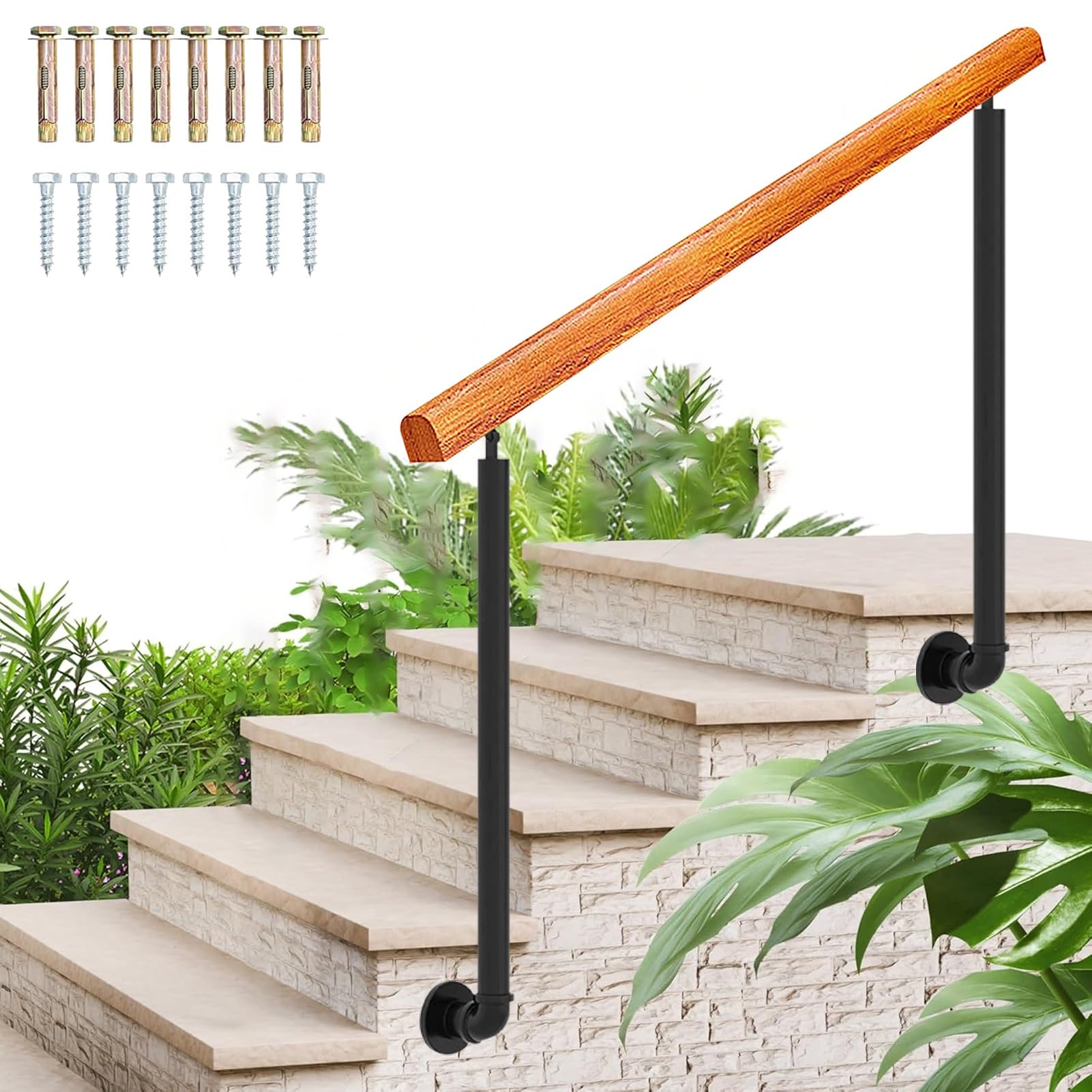 Rampe d'escalier en bois et garde-corps extérieur en fer forgé