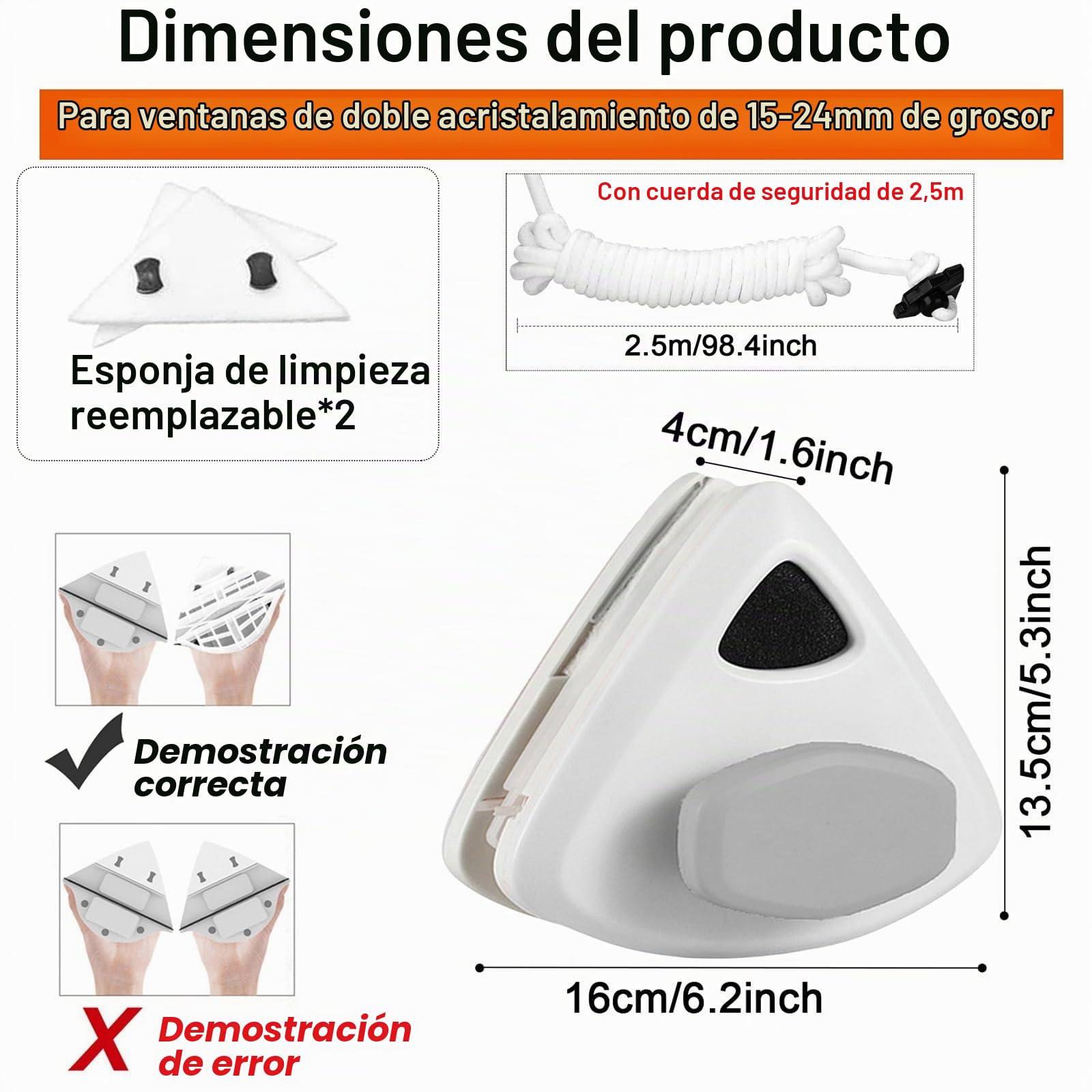 Limpiacristales Magnético Con Cuerda Anticaídas, Limpiador De Ventana Doble Cara 15-24mm, Ventanas Para Edificios Altos, Cepillo Limpieza Vidrio, Limpia Cristales Con Iman