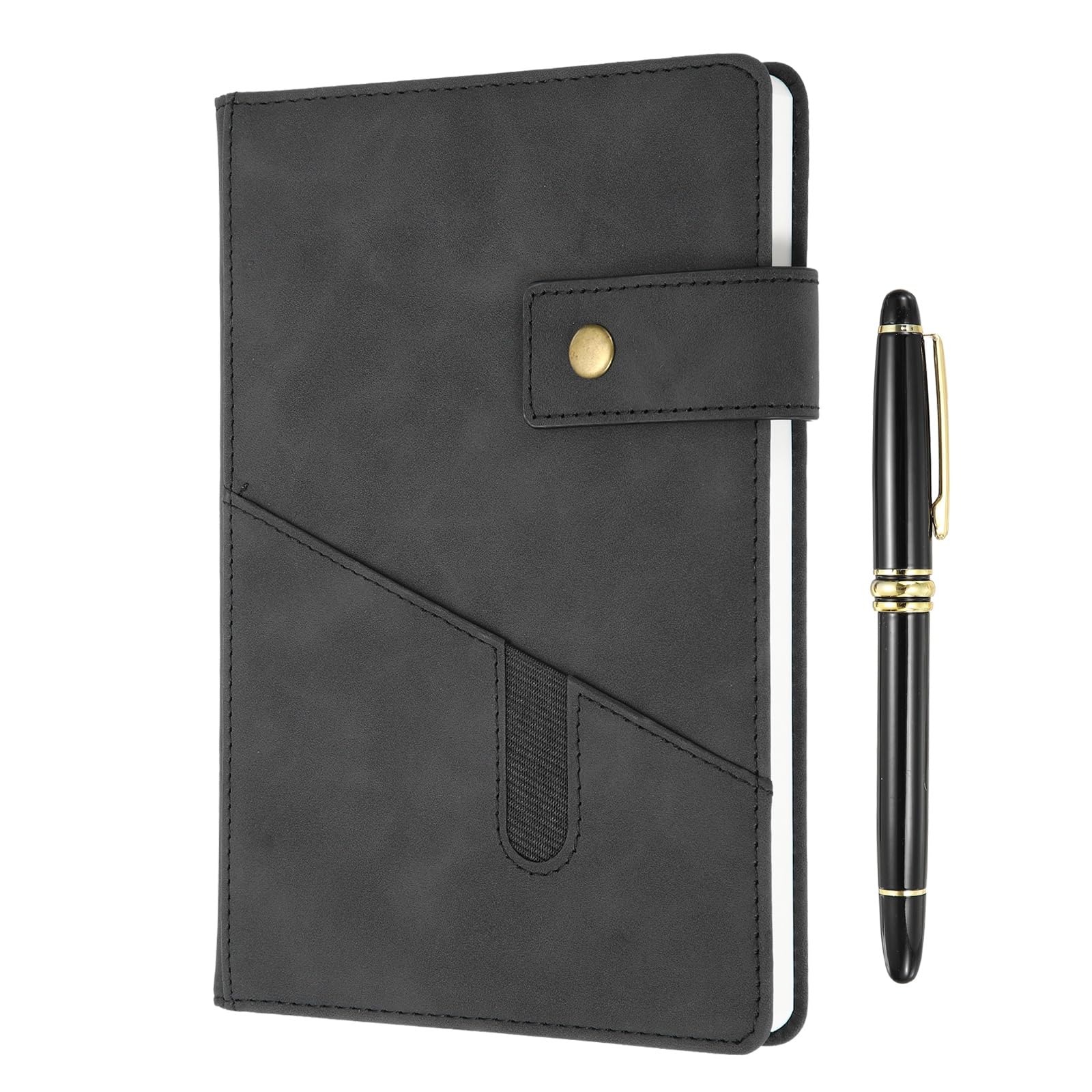PATIKIL Diario A5 a righe in pelle, 100 g/m², 200 pagine, 15 cm x 21,6 cm, diario giornaliero con copertina rigida e penna, per riunioni, interviste, lavoro, nero