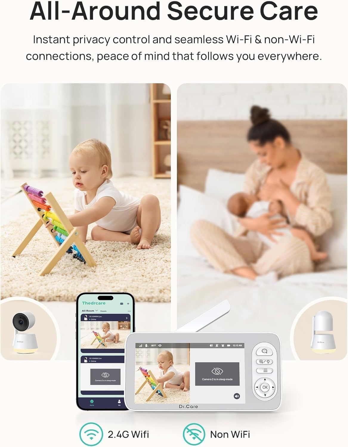 Dr.Care LumiView Plus 5.5" Smart WiFi Baby Monitor with 2 Cameras＆ 2 Clip Mount - 1080P Split Screen & 2K Camera, Privacy Mode, Cry & Motion Alerts, RGB Night Light, HD Night Vision, 5000mAh Removable