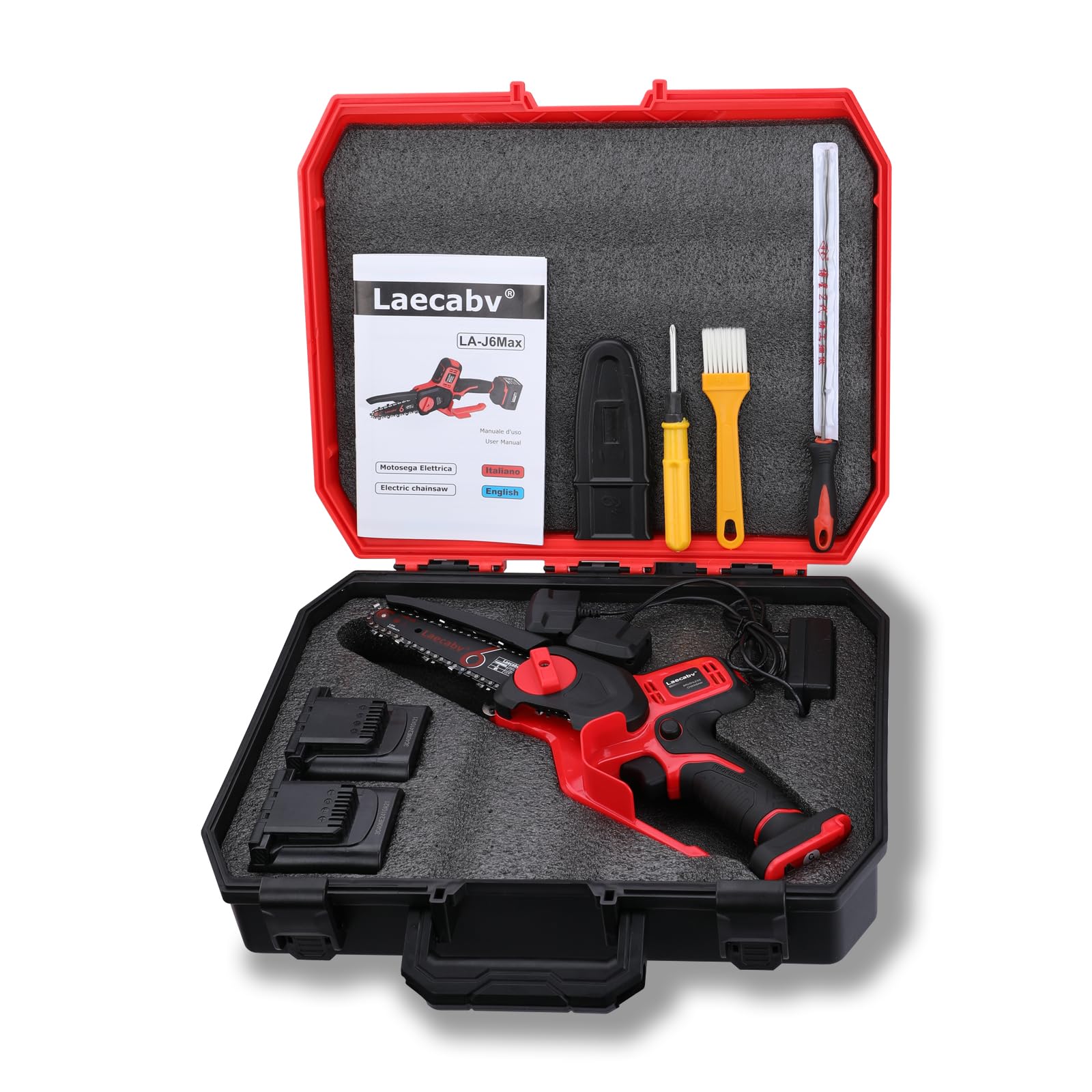 Mini Motosierra Bateria 6 Pulgadas, Motosierra de Mano de 6 Pulgadas, 2 Baterías de 4Ah y Cargador, 2 Cadenas, Motosierra Eléctrica de Una Mano para Árboles de Jardín (LA-J6Max)