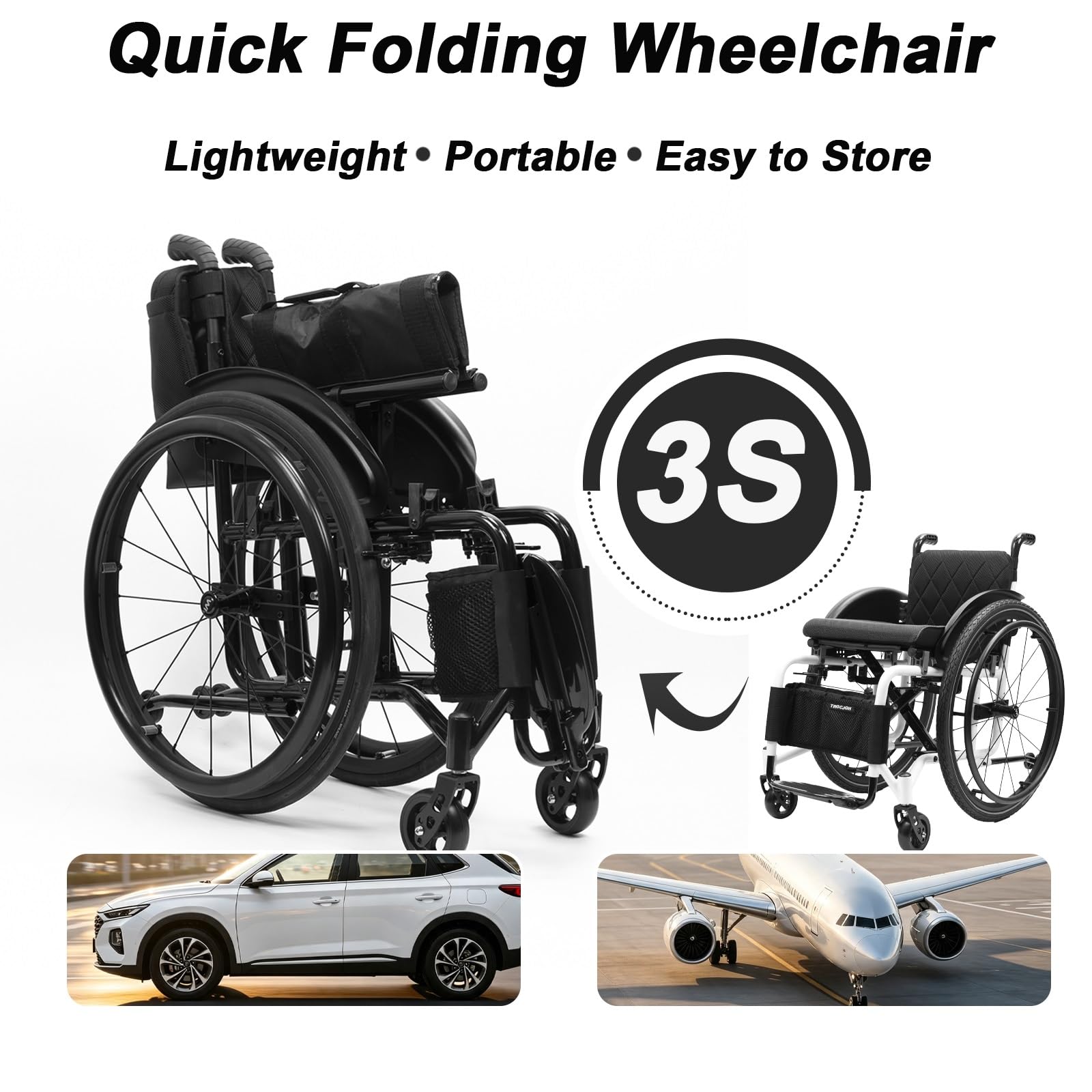 Sedia a Rotelle Pieghevole ad Autospinta, Leggera, Alluminio | Freno manuale, Poggiapiedi pieghevoli, Carrozzina da Transito，per disabili(White,15.7in Seat Width)